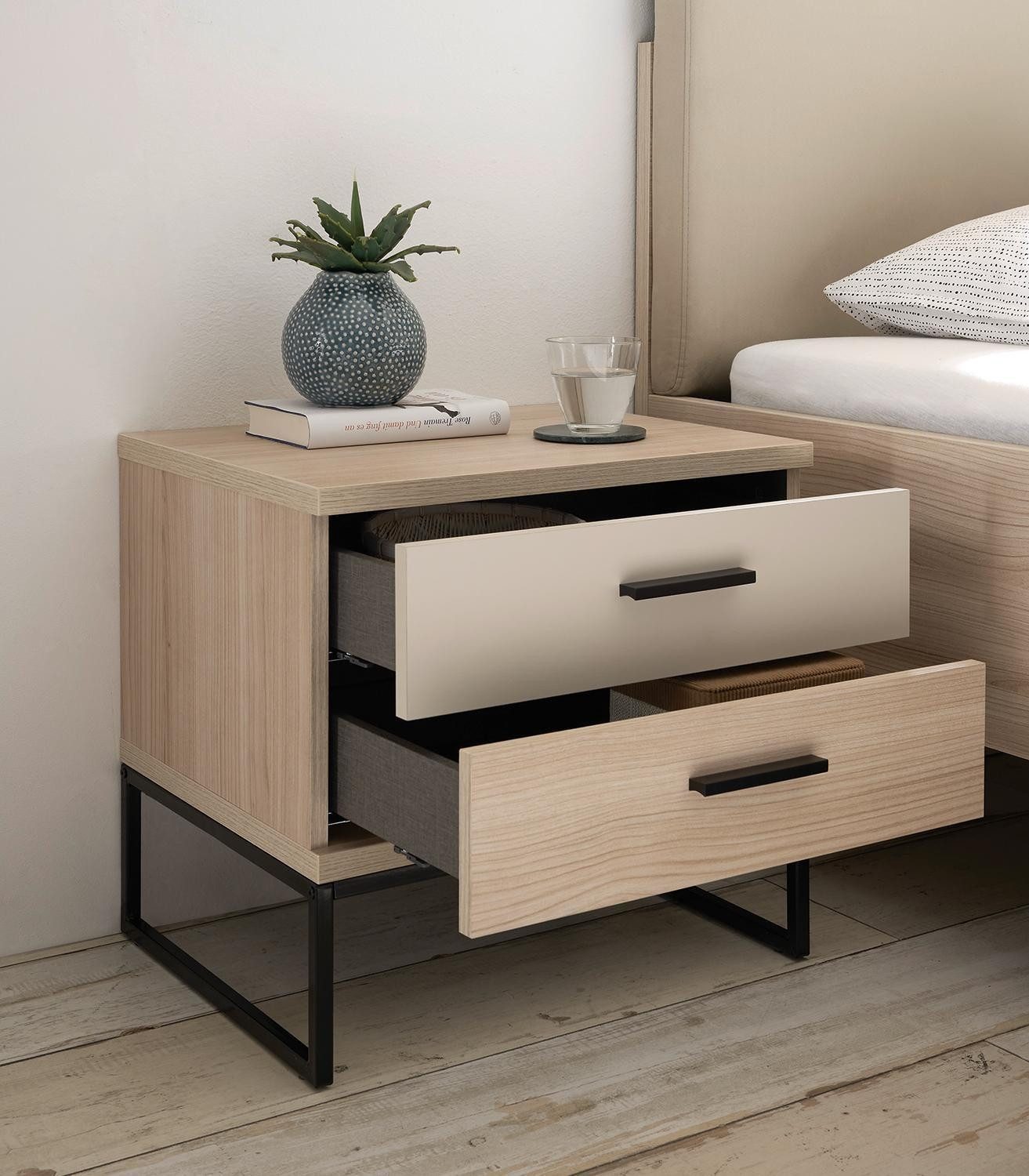 Vito Nachttisch ASSUME, Cashmerebraun, Riva Eiche Dekor, 2 Schubladen, B 49 x H 46 x T 39 cm