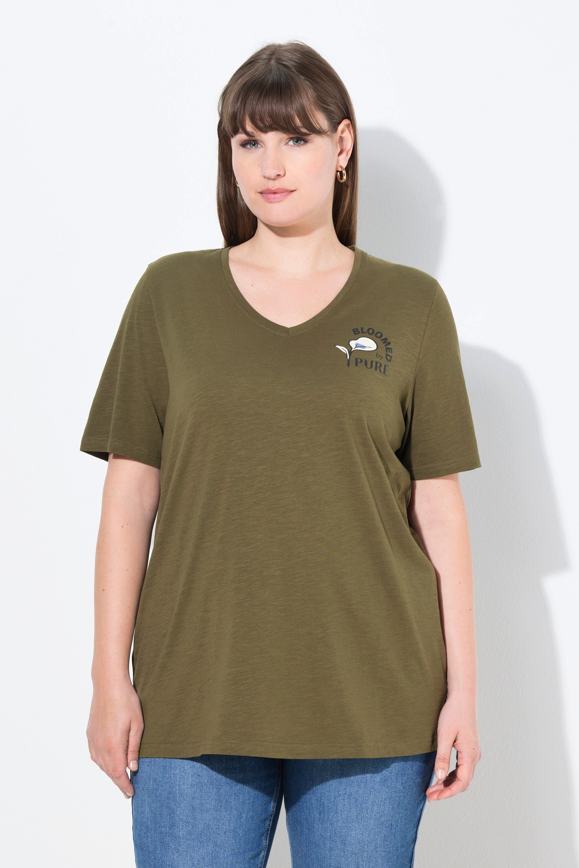 Ulla Popken T-Shirt T-Shirt Blüte V-Ausschnitt Halbarm Biobaumwolle günstig online kaufen