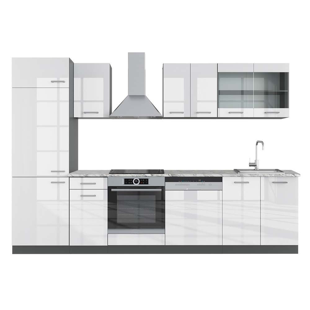 Vicco Küchenzeile R-Line, Weiß Hochglanz/Anthrazit, 300 cm, AP Marmor