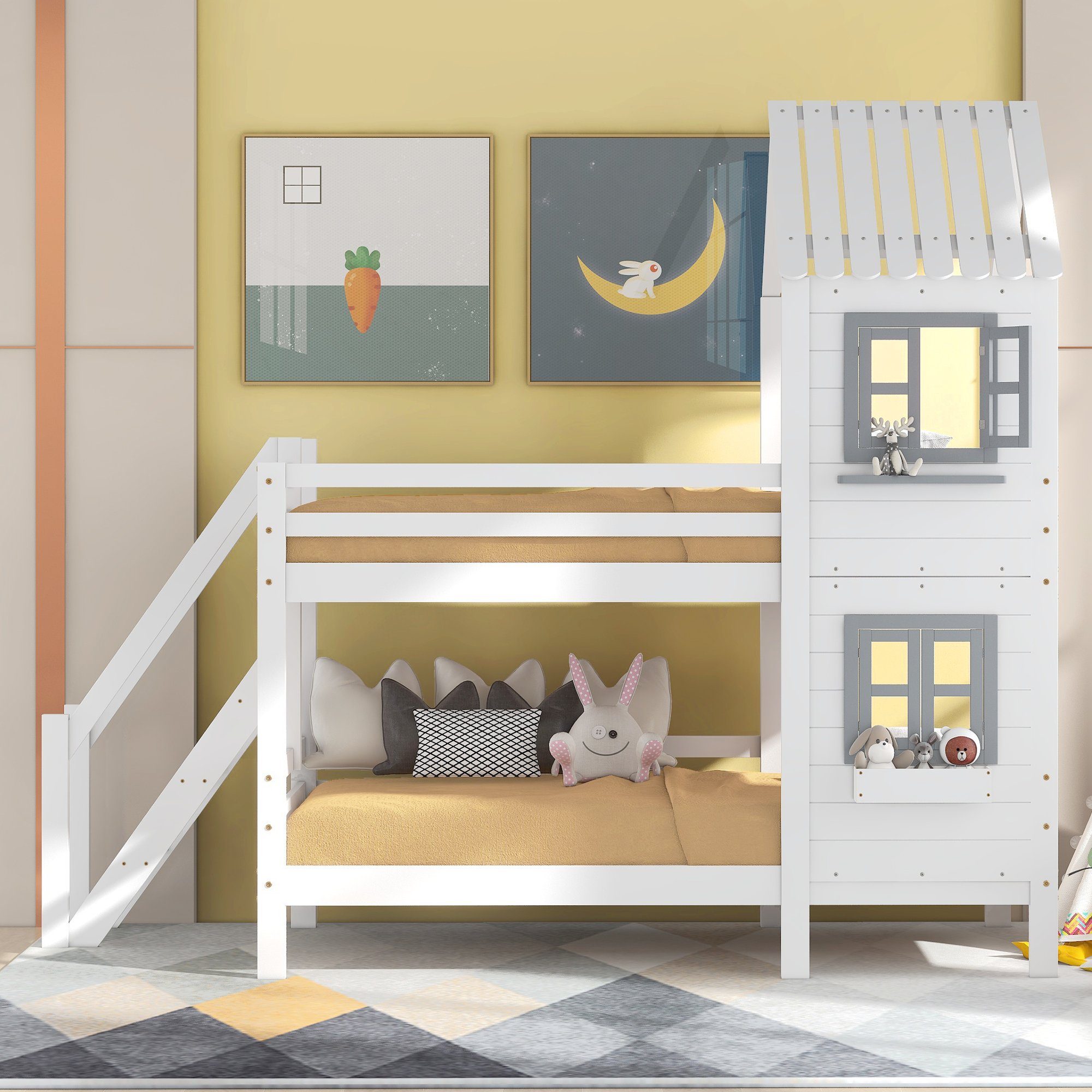 Etagenbett (Hochbett Kinderbett 90x200 cm), inklusive Trittleiter und Rundum-Absturzschutz, Kiefer