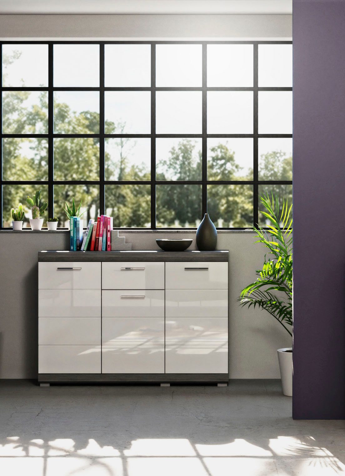 Home affaire Kommode SIENA, Breite 120 cm, 3 Türen, 1 Schubkasten, 5 Einlegeböden, 8 Fächer (hochwertige Rillenfräsung in MDF Front), Schuhkommode, Schuhschrank, Anrichte, Sideboard