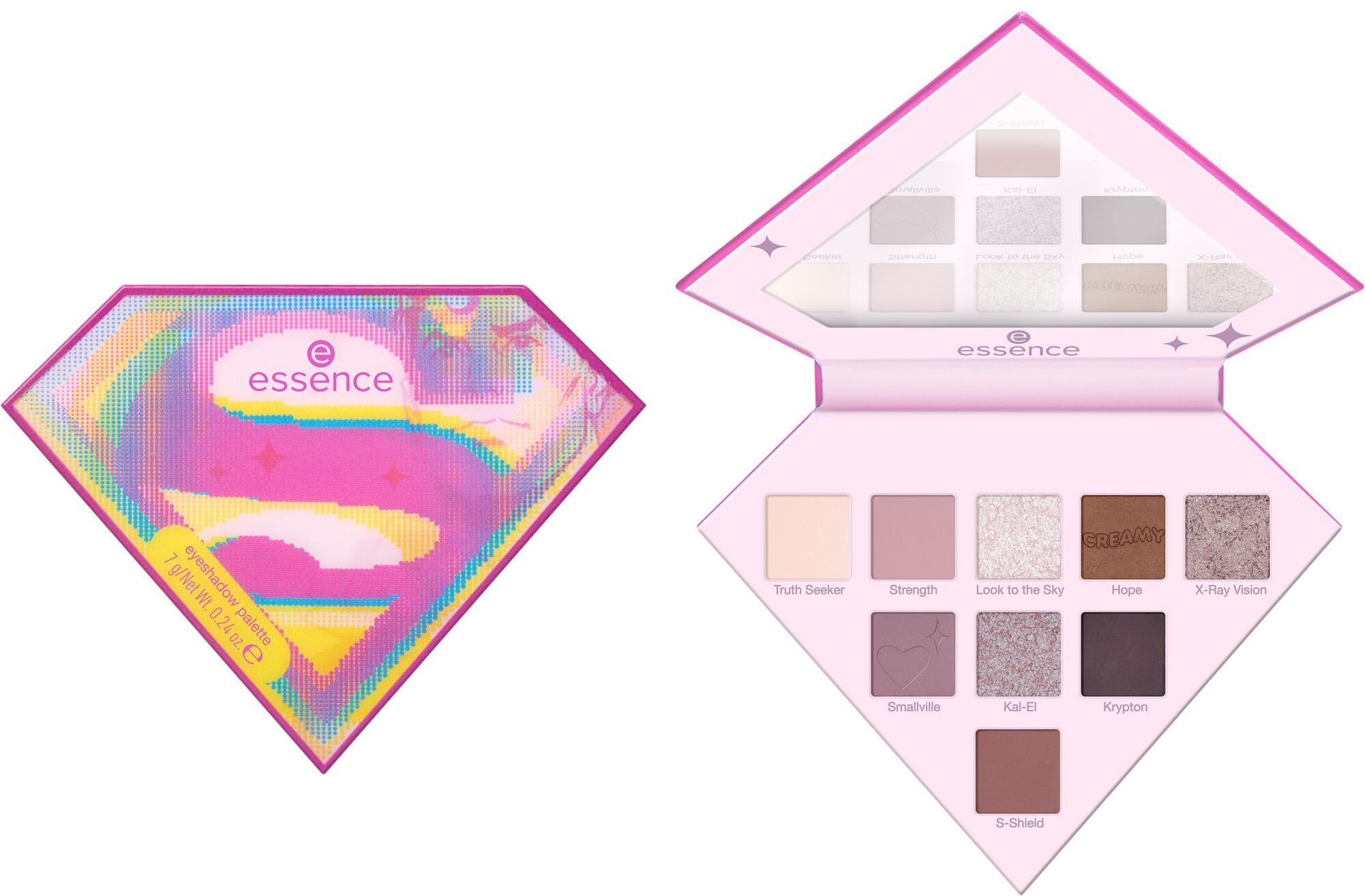 Essence Lidschatten-Palette Superman eyeshadow palette, Hochpigmentiert mit matten, schimmernden und metallischen Texturen.