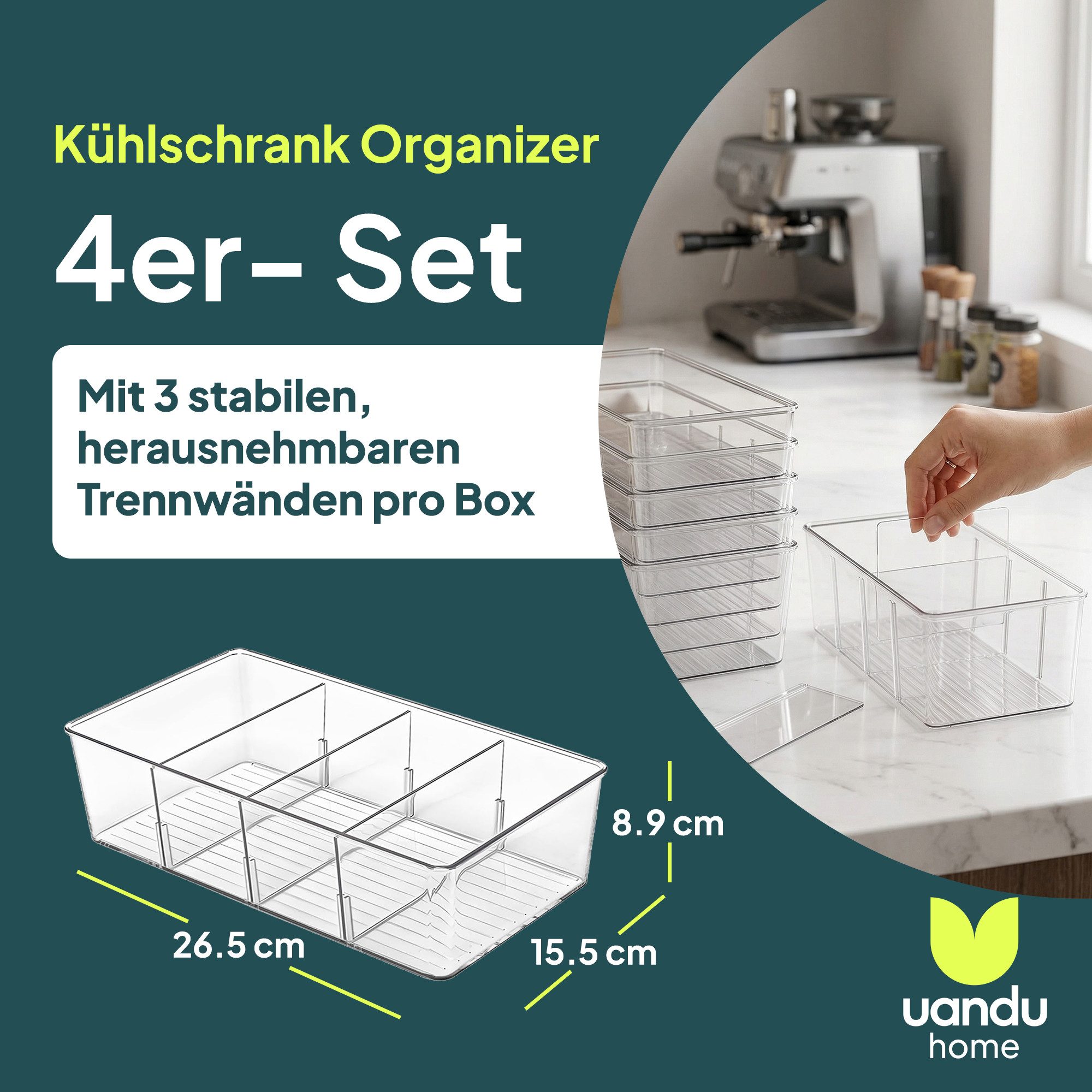 uandu home Teedose uandu Kühlschrank Organizer 4er Set – Küchen Organizer mit Trennwänden, (Packung, 4-tlg., Stapelbare Aufbewahrungsboxen Küche Transparent), T – Bild 2 von 5