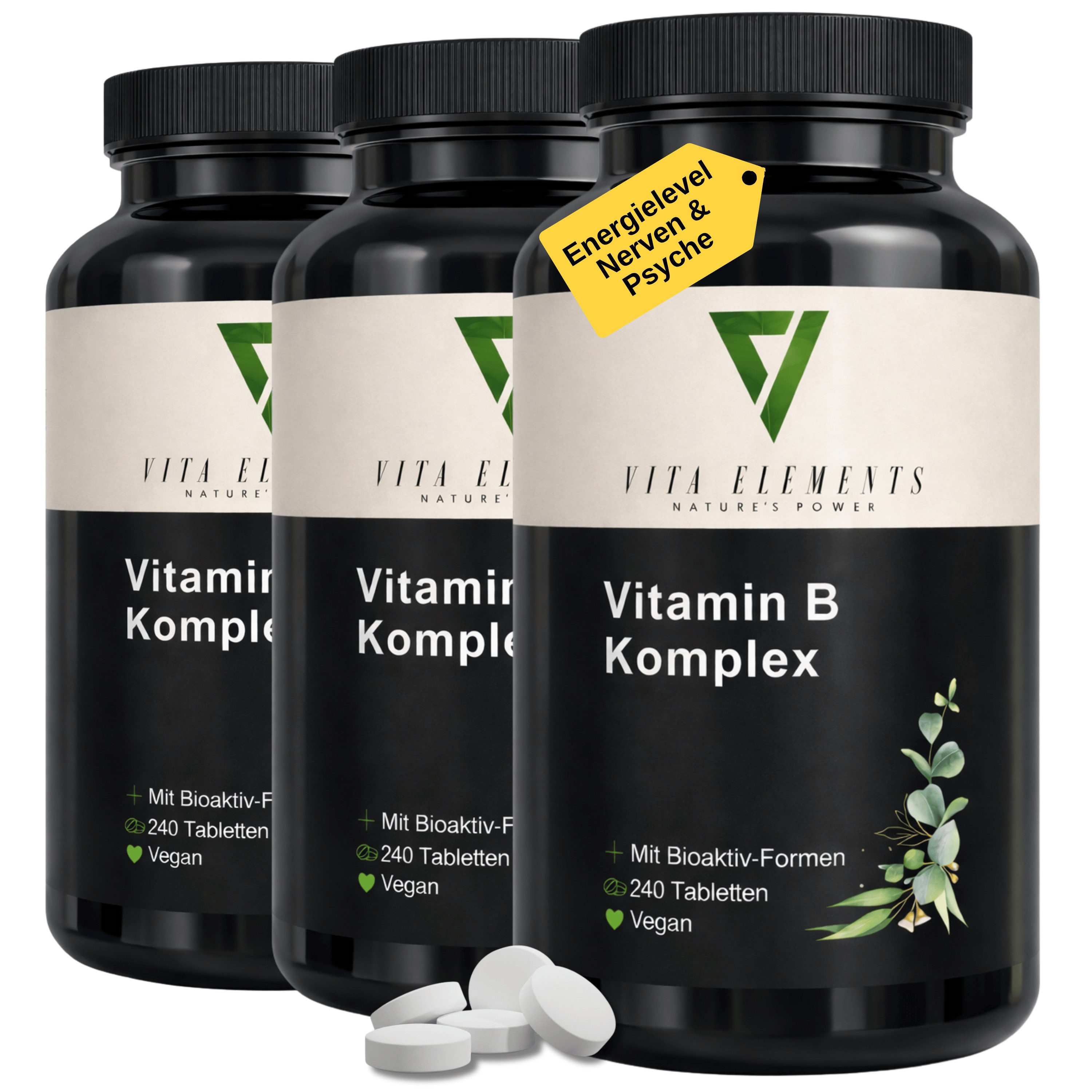 Vita Elements 3er Set Vitamin B Komplex Tabletten, 720 Stk. Vegan Frei von Gentechnik Ohne unnötige Zusätze Laborgeprüft