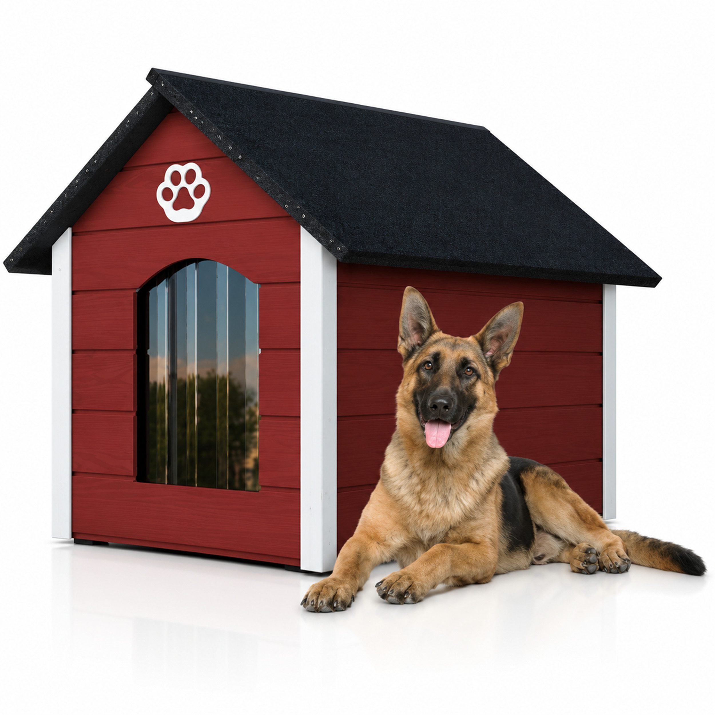 QLS Hundehütte XL 104x74cm isoliert für draußen mehrere Farben, Mit Wärmeschutzvorhang und Satteldach, individuell streichbar