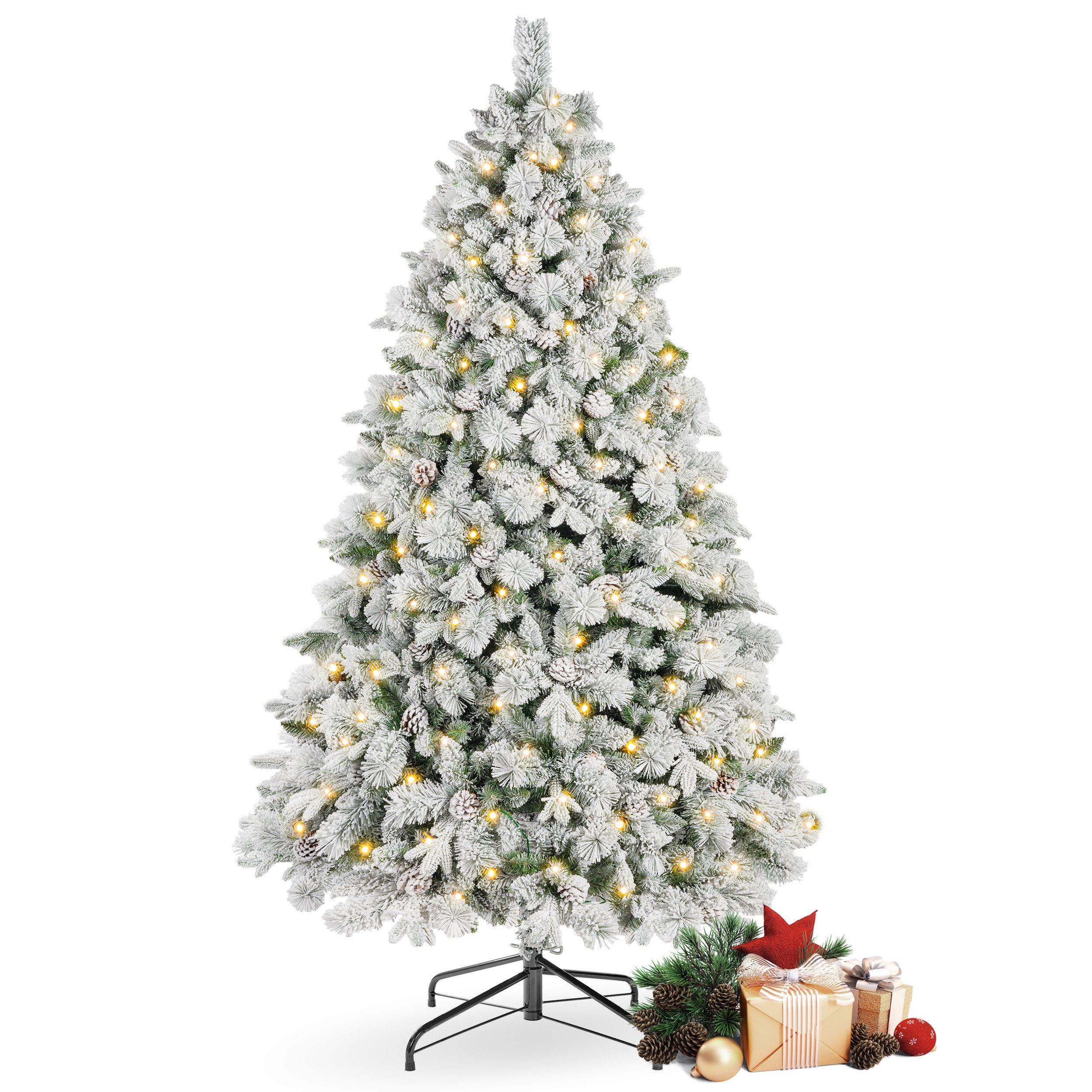 Vankel Künstlicher Weihnachtsbaum mit Zapfen und Schnee, beleuchteter Tannenbaum mit Metallständer, Beschneiter Tannenbaum mit Zapfen, warmem Licht und Metallständer