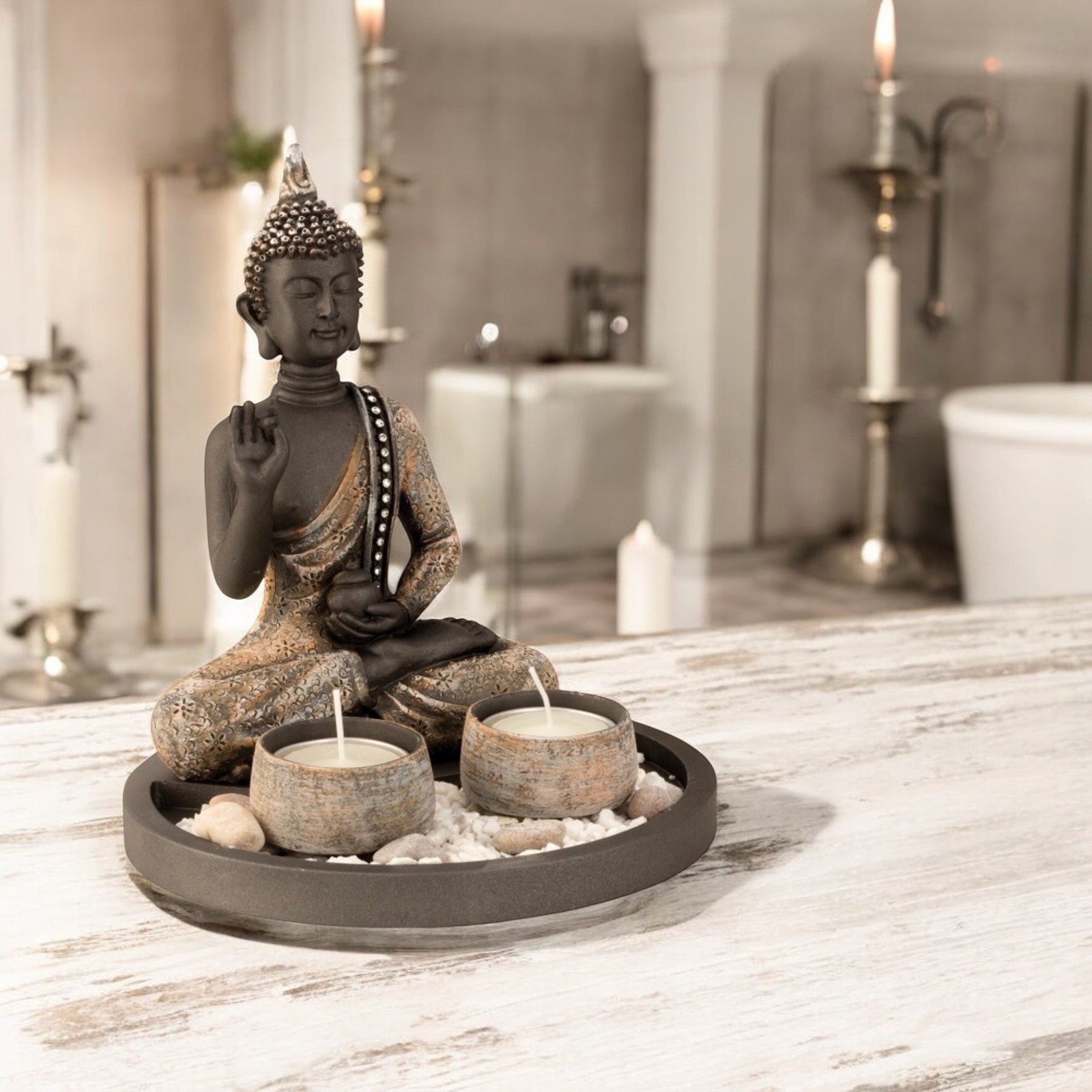 KARMA Buddhafigur Buddha Teelichthalter Schwarz Deko-Figur sitzend Windlicht Teelicht (verschiedene Varianten, Yoga Dekostatue Statue Windlicht), Zen Deko modern Dekobuddah