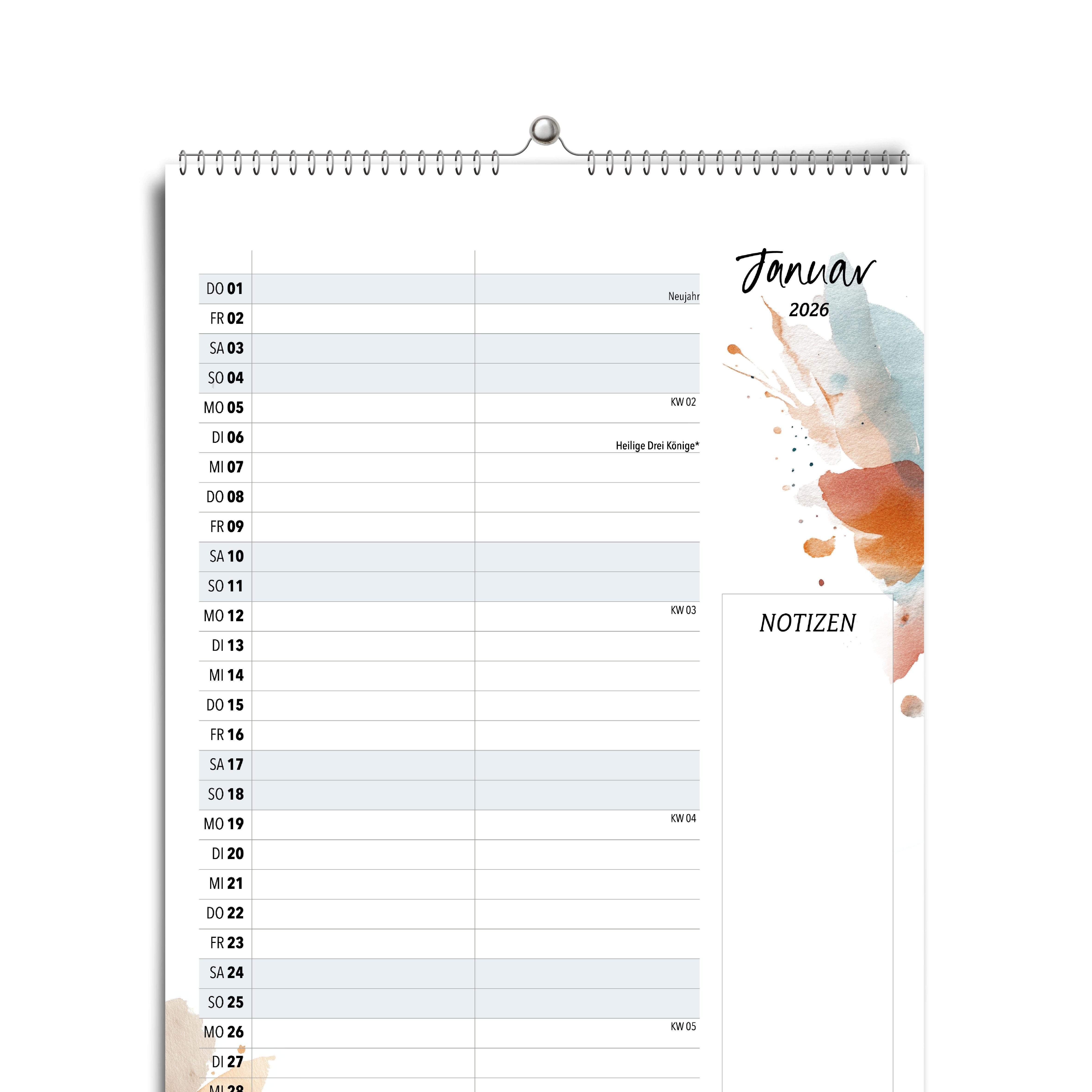 heaven+paper Jahresplaner A4 Wandkalender 2 Spalten SPLASH 2026, hochwertig verarbeitet & modern, Hergestellt in Deutschland