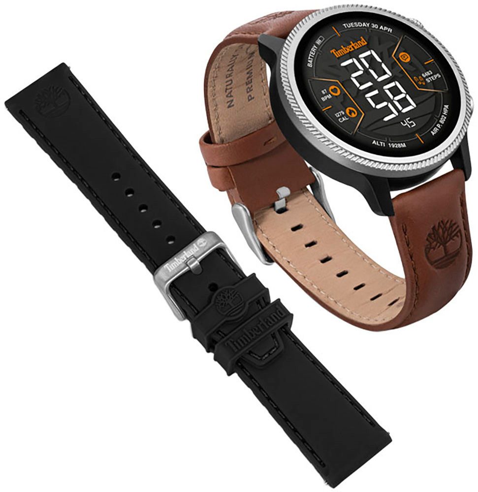 Timberland TRAIL FORCE Smartwatch Set, 2-tlg., mit schwarzem Silikonwechselband, Armbanduhr, Herrenuhr, Lederarmband, Bluetooth, Trinkerinnerung