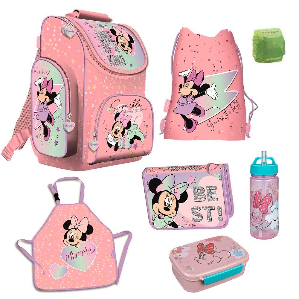 Familando Schulranzen Disney Minnie Mouse Schulranzen für 1.-4. Klasse - 1 kG - 15 L Vol (Set, 7-tlg., inkl. Federmappe, Brotdose und Trinkflasche), Schulranzen 1. Klasse für Mädchen