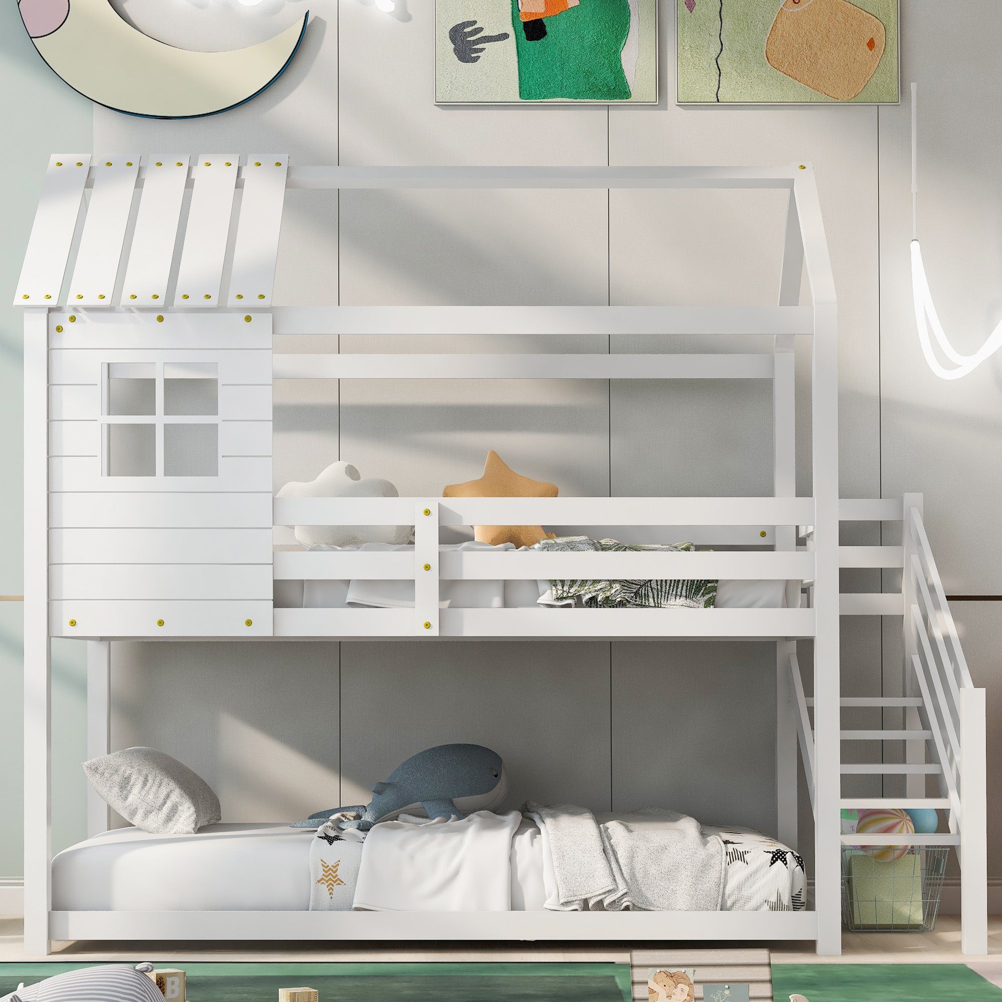 YESGIGA Etagenbett 90x200 Mit 3 Treppen & Schubladen - Weiß, Kiefer