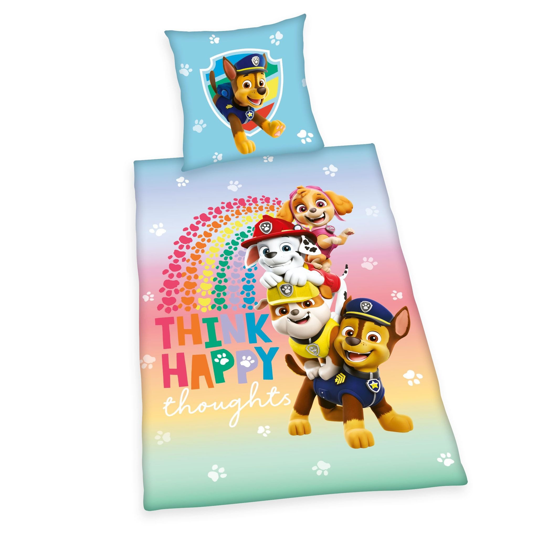 JACK Kinderbettwäsche 135x200cm Paw Patrol Hunde Regenbogen Streifen Herding, Renforcé, 2 teilig, Chase, Rubble, Marshall, Skye und Everest Superhelden, mit Knopfleiste