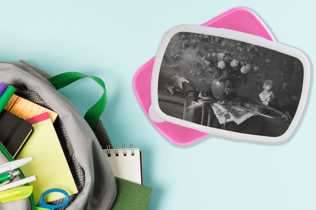 Brotdose Geige Kunststoff Brotbox rosa für (2-tlg), Stilleben Erwachsene, Mädchen, - Kinder, MuchoWow Weiß, Lunchbox Kunststoff, - Snackbox, Schwarz -