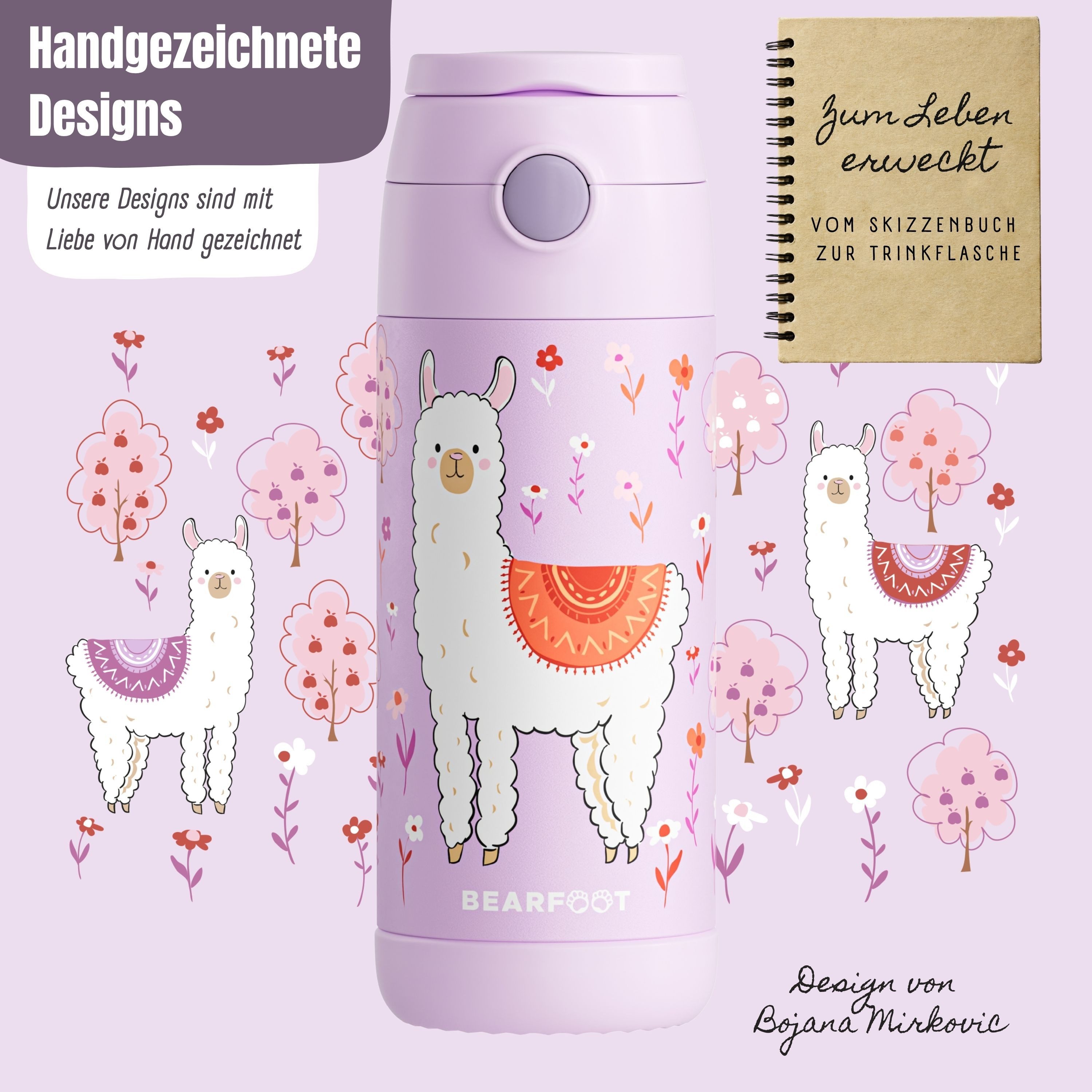 BEARFOOT Trinkflasche Thermo Kinder Trinkflasche Edelstahl - Lama lila, Thermosflasche, auslaufsicher, Edelstahl, Kinderflasche, BPA-frei – Bild 4 von 5