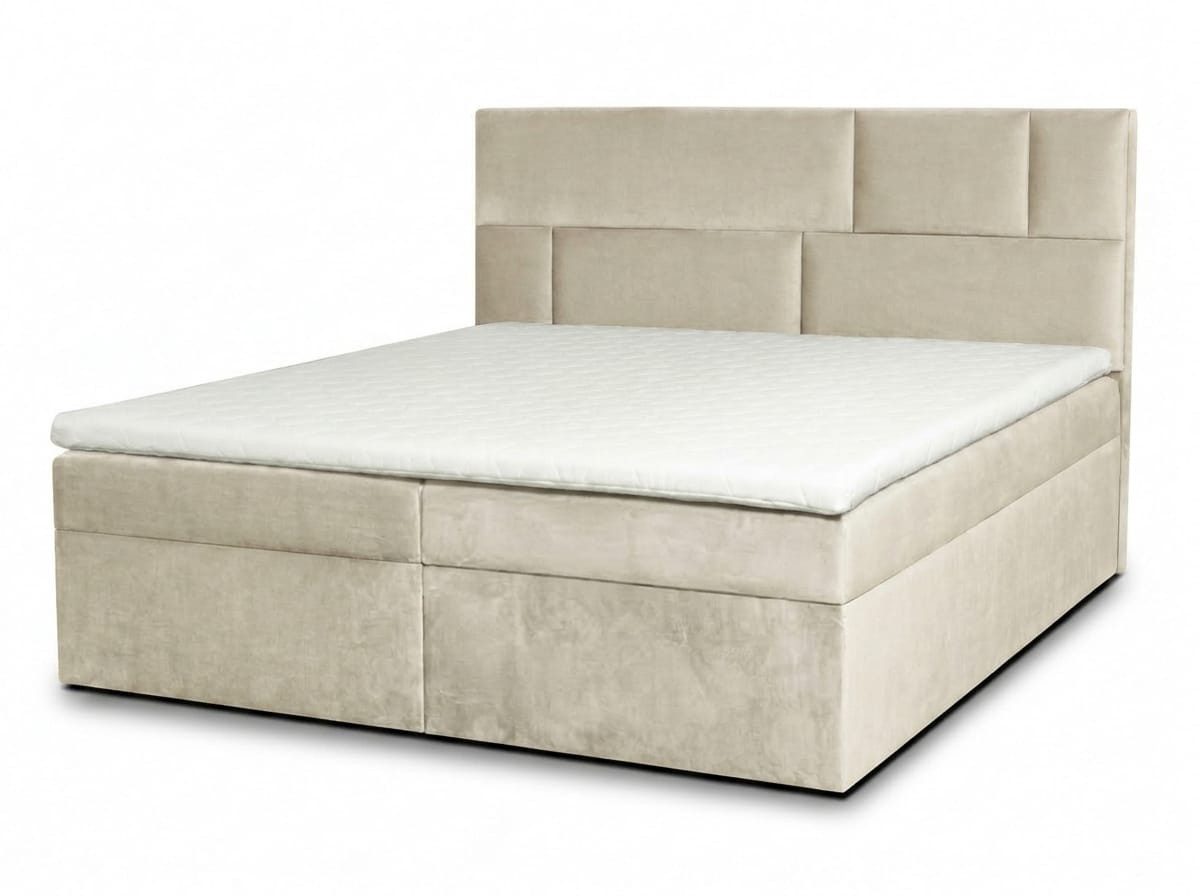 JVmoebel Boxspringbett Beiges Boxspringbett 200x200 mit Stauraum, Matratze und Kopfteil (1-St., 1-tlg), Kopfteilhöhe 123 cm