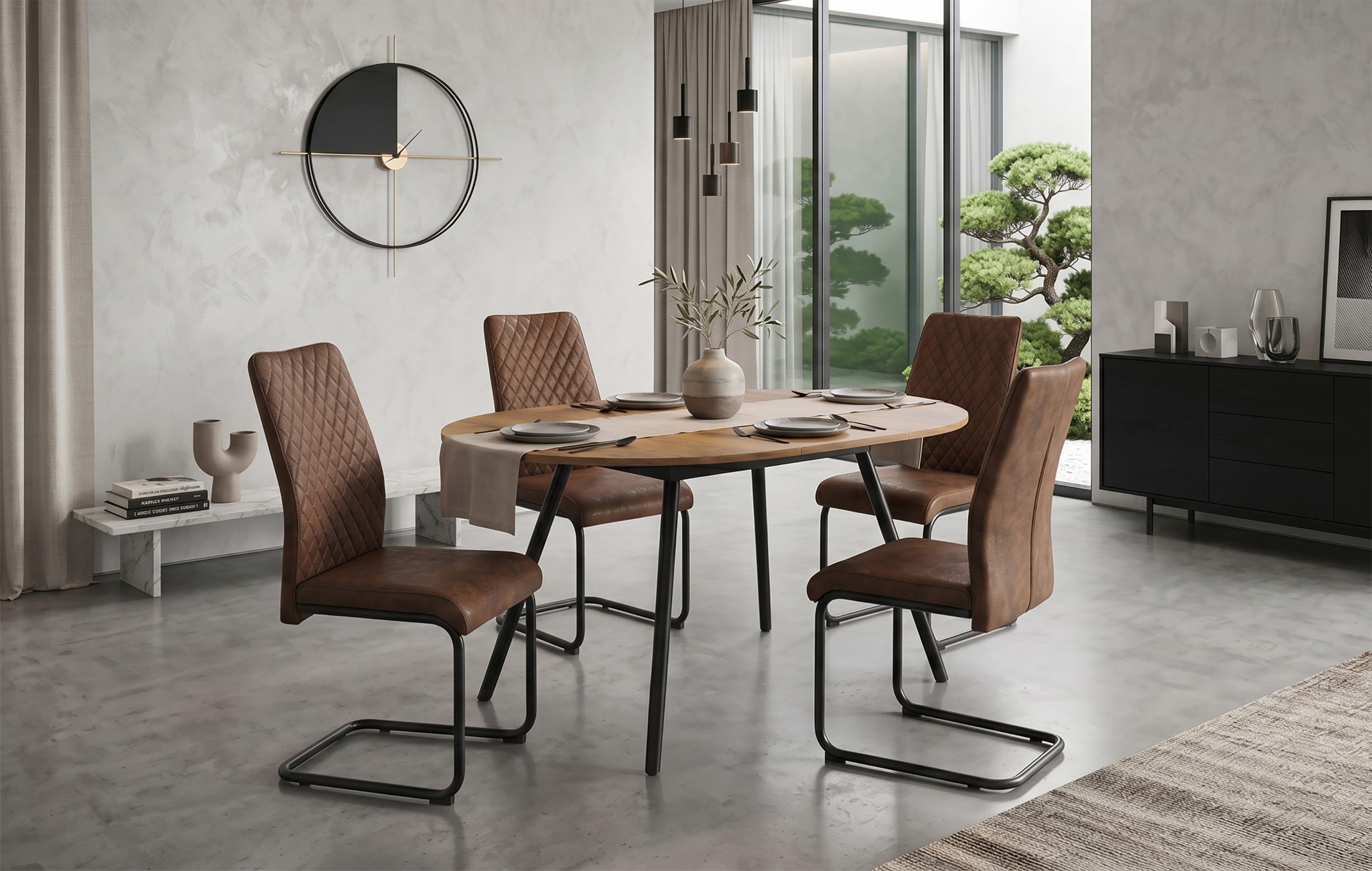B&D home Essgruppe Till & Theo, (Set, 5-tlg., 1 Tisch / 4 Stühle), Runder Esstisch ausziehbar bis 145cm, Stühle in Microfaser