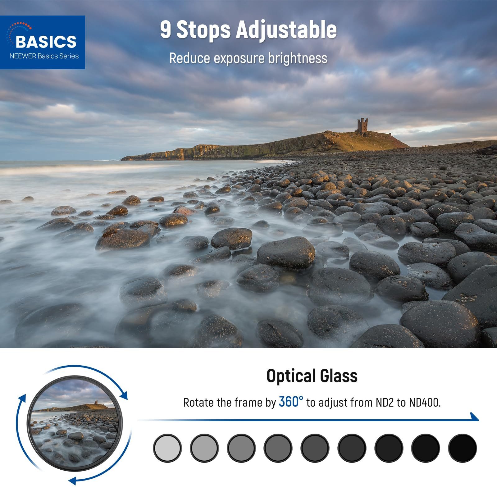 Neewer NW SERIES A 67mm Variabler ND Filter, ND2-400 1-9 Stops Graufilter (drehbarer, mit Anti Fingerabdruck Beschichtung, für Kameraobjektive)