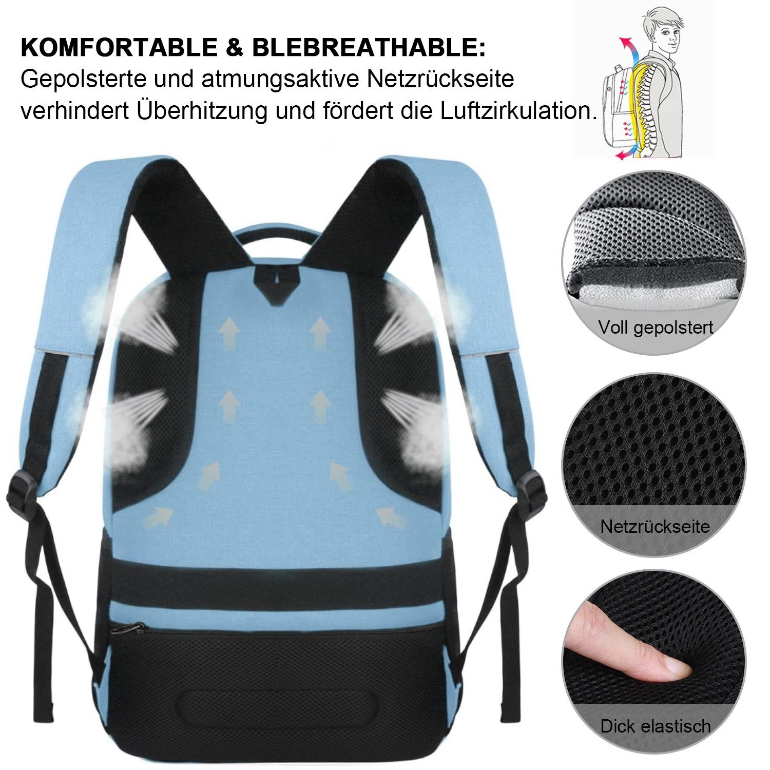 REDOM Laptoprucksack Laptop Rucksack Rucksäcke Schulrucksack Wasserbeständig Laptoptasche (Laptop Notebook Tasche Schule Uni Rucksack, 1-tlg., Sportrucksack, mit USB-Anschluss, Anti-Diebstahl, Backpack mit Laptopfach), fur Herren Damen Jungen Teenager Freizeit Arbeit Business Reisen