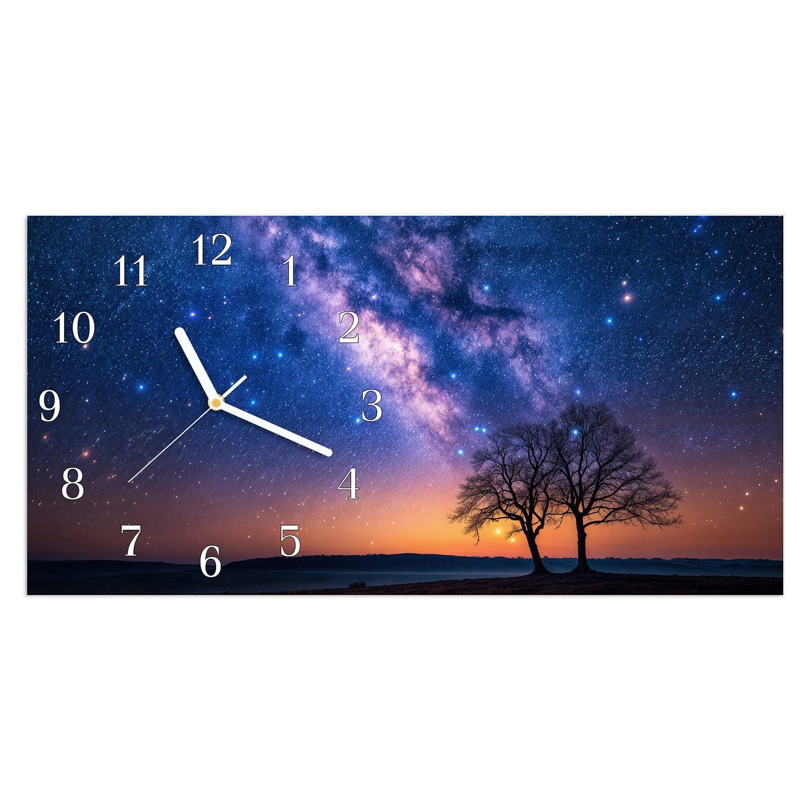 Wanduhr Glasuhr Wandkunst Größe 60 x 30 cm mit Motiv Sternenhimmel Baum