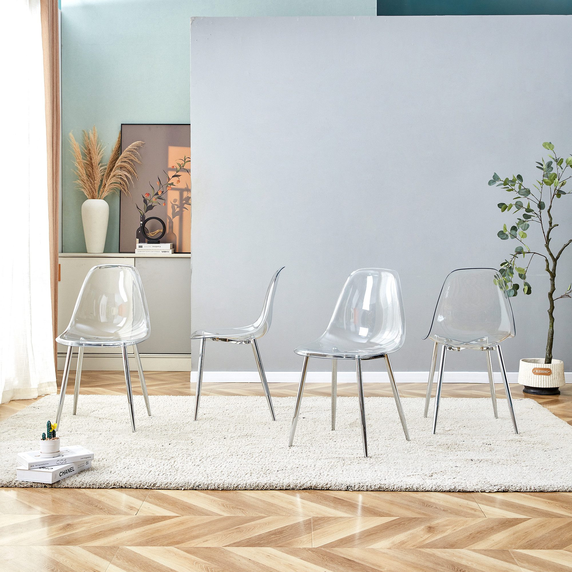 JUFU Stuhl 4er-Set, moderner Esszimmerstuhl mit transparentem Acryl-Sitz (4 St), Küchenstuhl, Stabile Metallbeine in Schwarz, Gold oder Silber