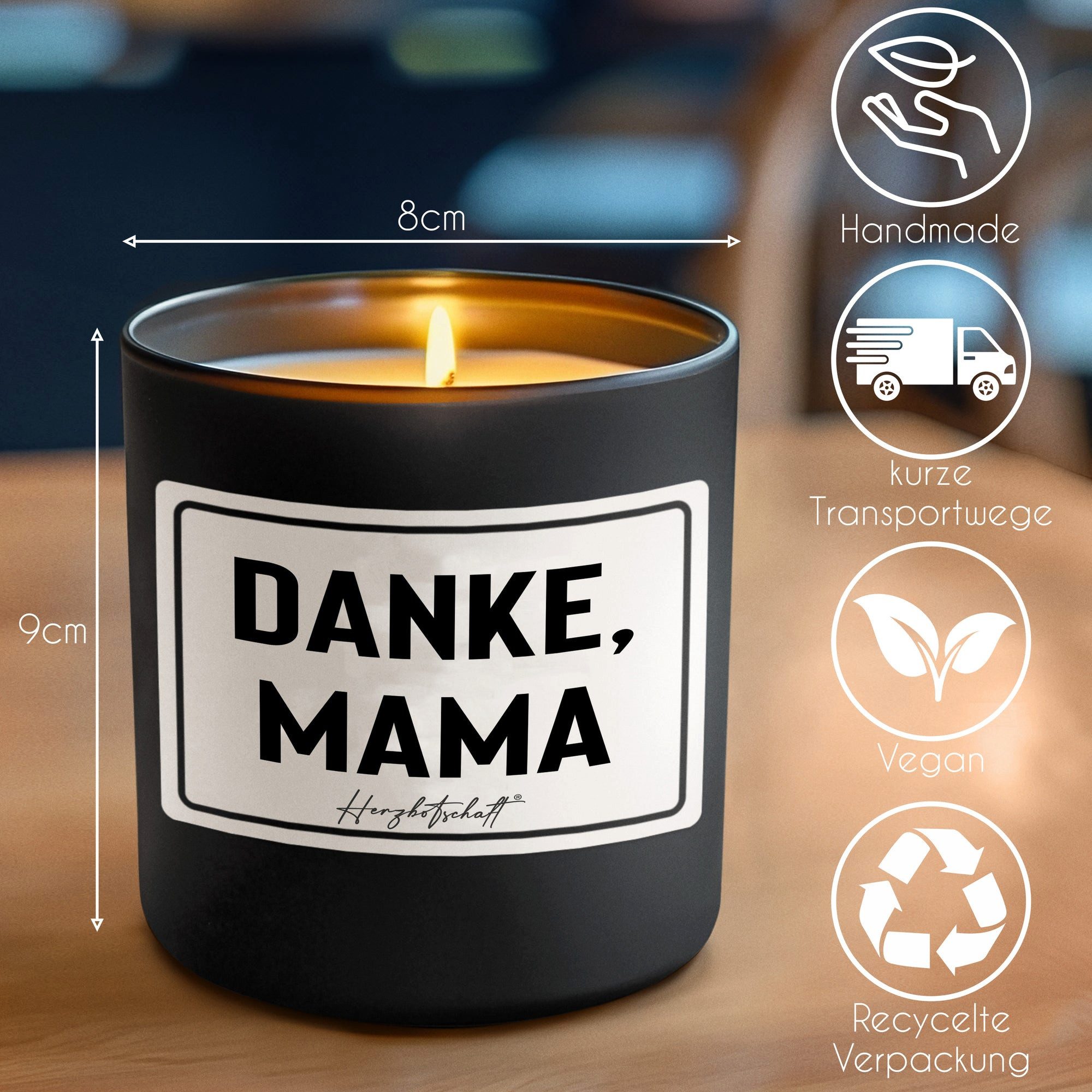 Herzbotschaft Duftkerze, (Danke, Mama, originelles Geschenk, handgemachte nachhaltige Sojakerze im Glas)