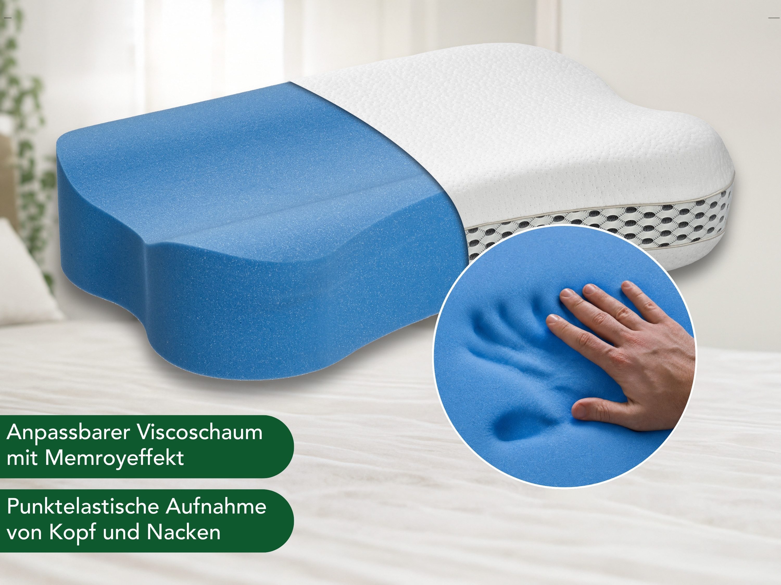 Dreamstar Nackenstützkissen ergonomisches Nackenkissen für unterwegs und zuhause, Reisekissen, Füllung: Viscoschaum mit Memory-Effekt, Seitenschläfer, Rückenschläfer, Bauchschläfer, Nackenstützkissen, Viscoschaum mit Memory Effekt, 50x30x10cm