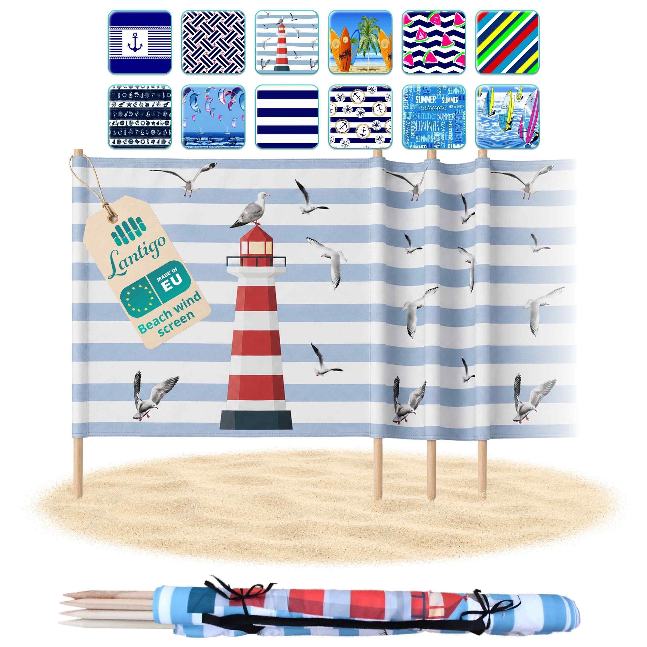 Lantigo Windschutz Sichtschutz Sonnenschutz Strandparavent aus Mikrofaser – portabel, (Leuchtturm, Länge: 4 m), - Faltbarer Sonnenschutz für Strand, Camping & Garten