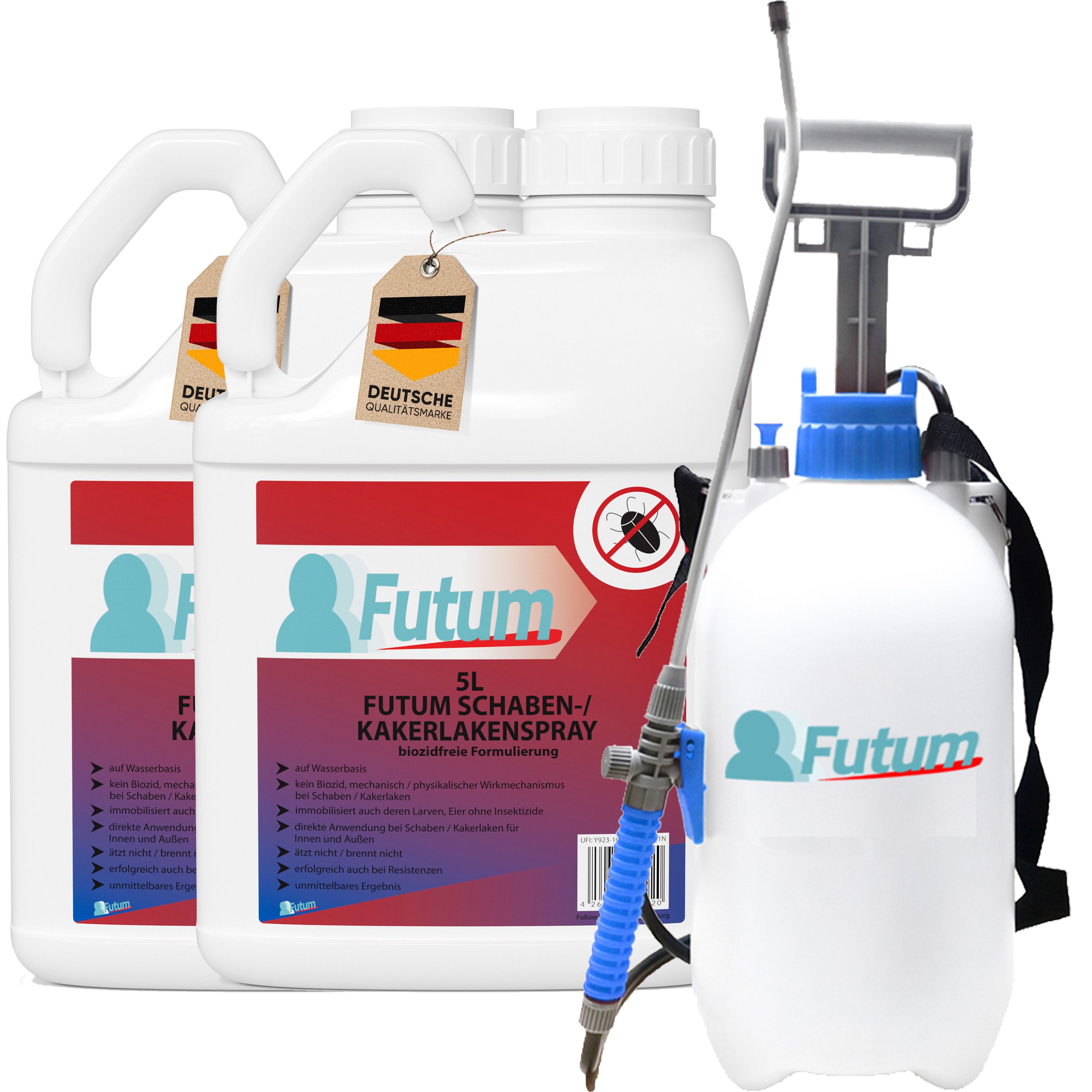FUTUM Insektenspray Kakerlaken Spray Schaben Spray Küchenschaben Abwehr, 10 l, biozidfreie Formel, auf Wasserbasis, geruchsarm, brennt / ätzt nicht