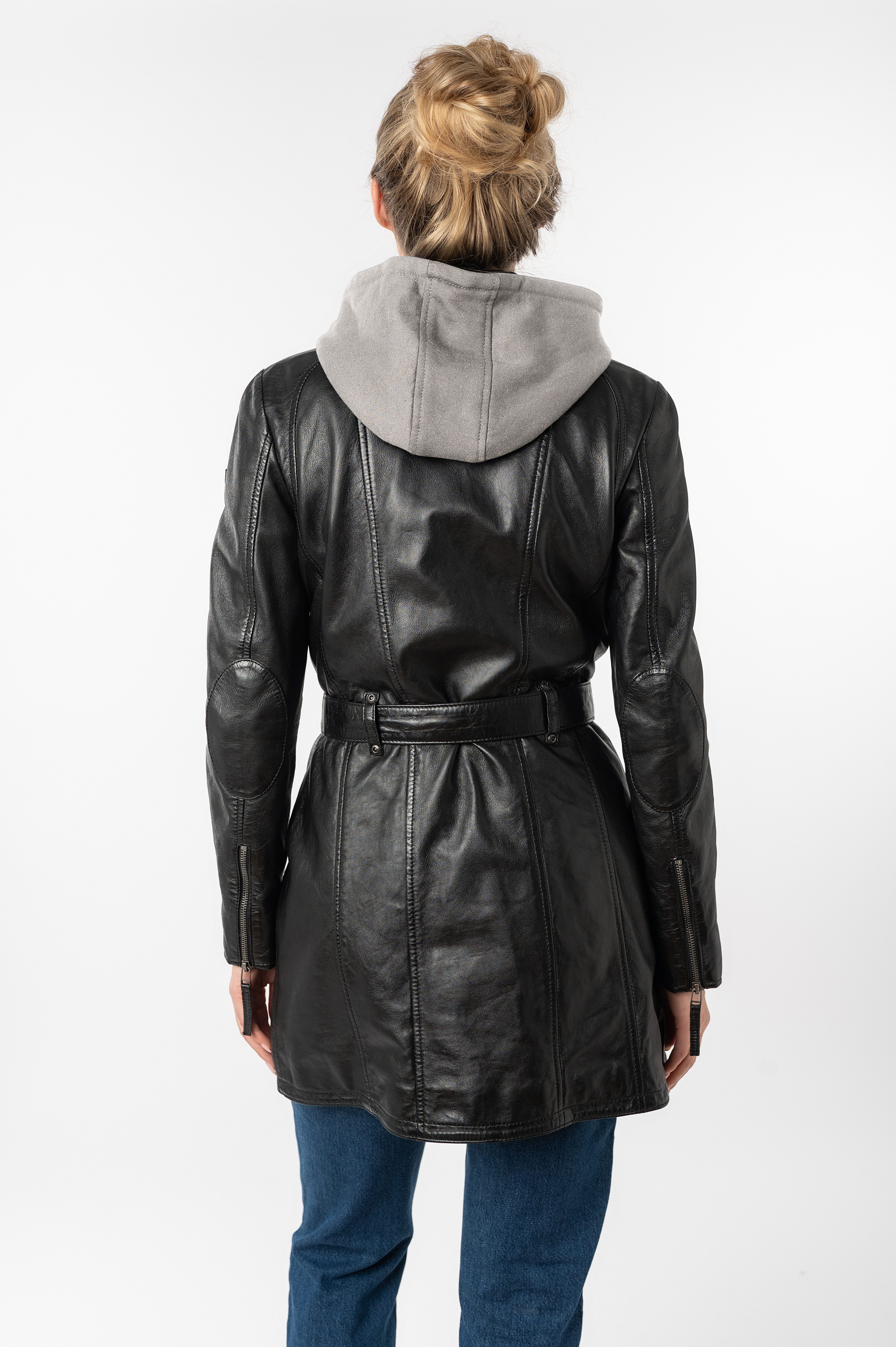 Mauritius Ledermantel BENTE2 (mit Gürtel) lange Lederjacke mit Gürtel & abnehmbarem Kapuzen-Inlay