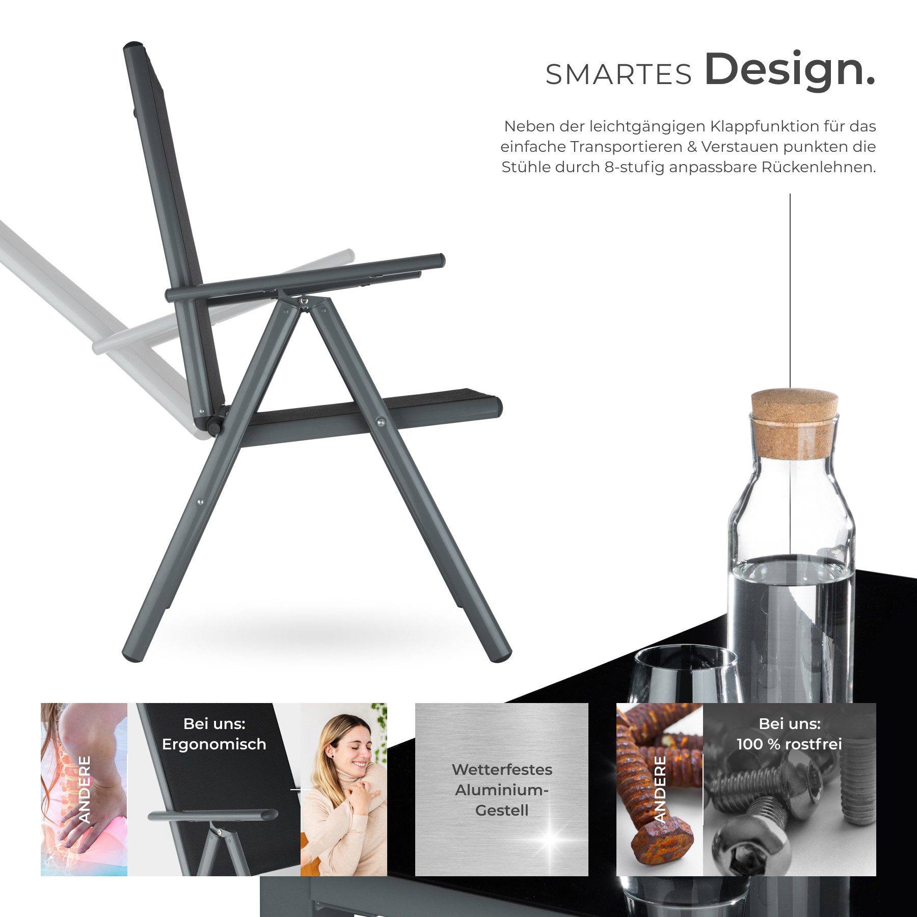tectake Essgruppe Aluminium Sitzgruppe, (Set., 9-tlg), Klappbare, platzsparende und komfortable Sitzstühle