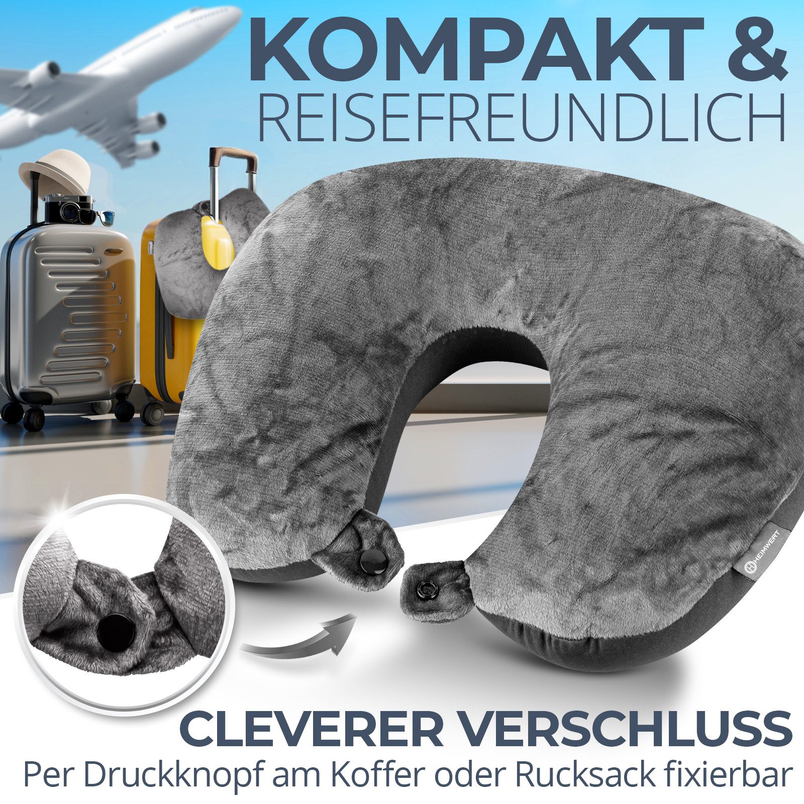 HEIMWERT Reisekissen Nackenkissen 1x, 31x21 cm, 1-tlg., Nackenhörnchen und Kissen in Einem (2in1)