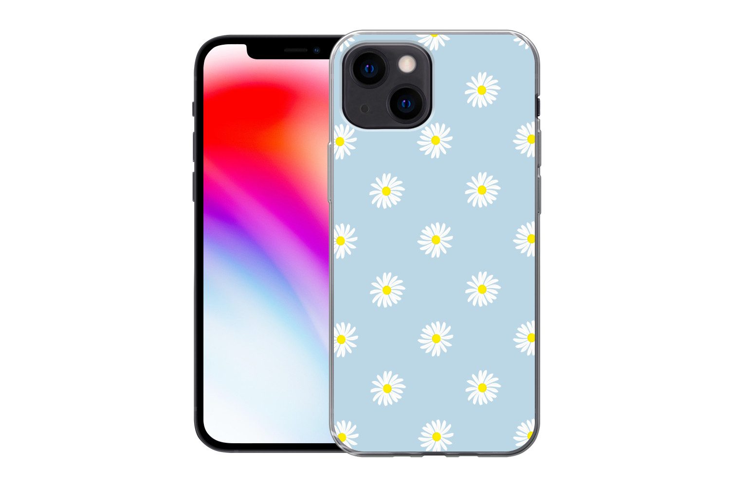 MuchoWow Handyhülle für Apple iPhone 13 mini Gänseblümchen - Pastell - Weiß - Blau - Blume, Smartphone-Bumper, Print, Handy Schutzhülle Dünn