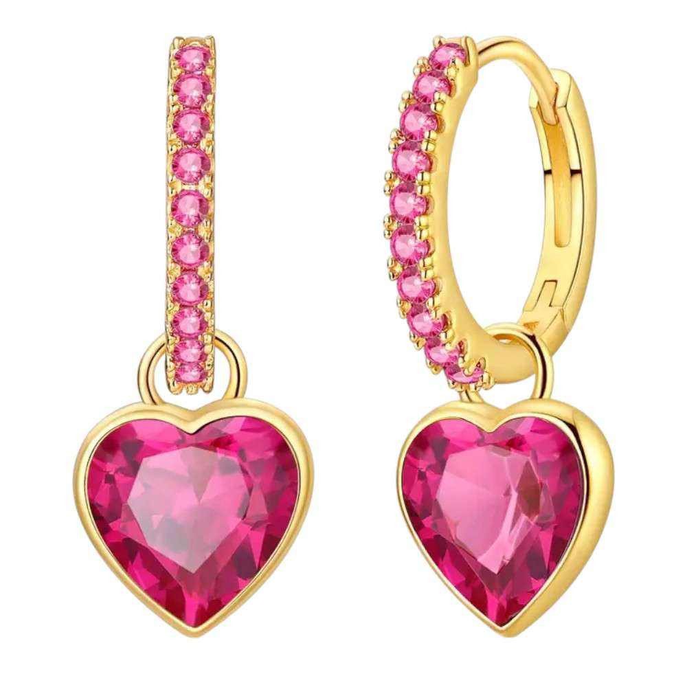 Taffstyle Paar Creolen Damen Ohrringe Creolen mit pinkem Kristall Herz Anhänger vergoldet (Romantische Creolen mit pinken Kristall Herzanhänger aus Chirurgenstahl in Gold)
