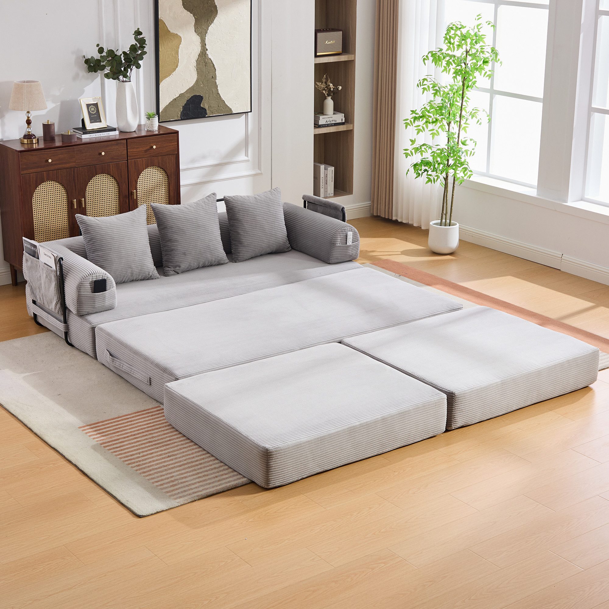 MODFU Sofa modulares Cord-Wohnzimmer Sofa mit Hocker, Metallrahmen, Seitentasche, Loungesofa, 3 bequemen Kissen, extra dick gepolstert, frei kombinierbar