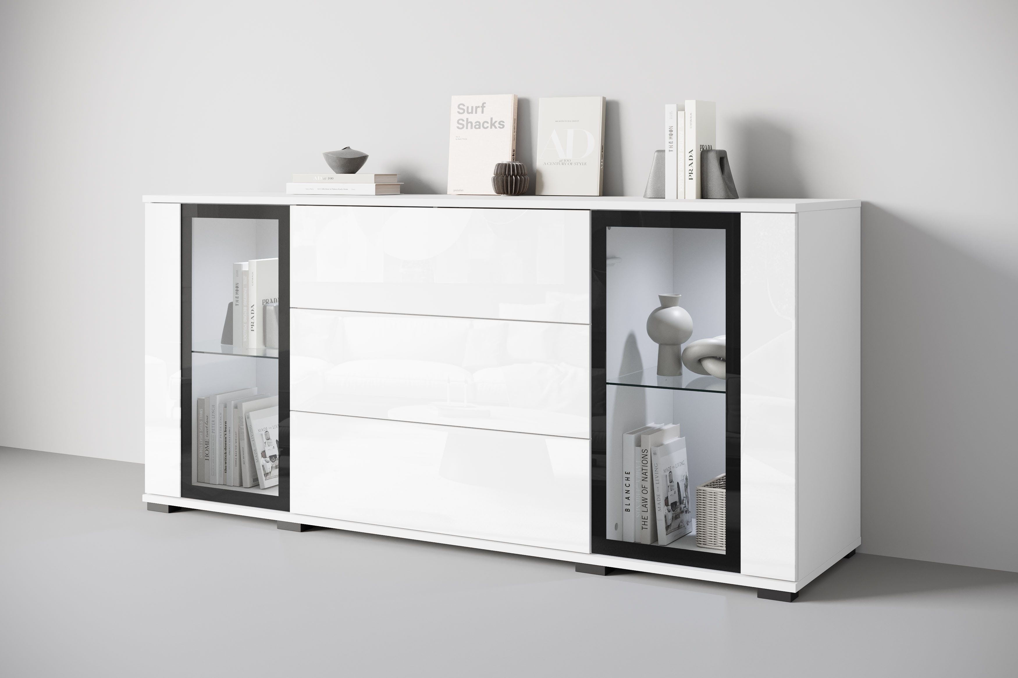 Home affaire Sideboard modernes Design mit Glaseinsätzen und 3 Schubladen, Breite 150 cm (1 St), Grifflose Fronten mit Push-to-Open, höhenverstellbare Einlegeböden