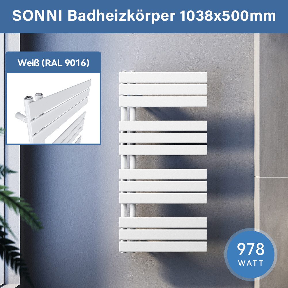 SONNI Badheizkörper Badheizkörper Weiß Heizkörper Design Handtuchtrockner Bad Warmwasser, ohne/mit Multiblock, flach, Mittelanschluss seitlich