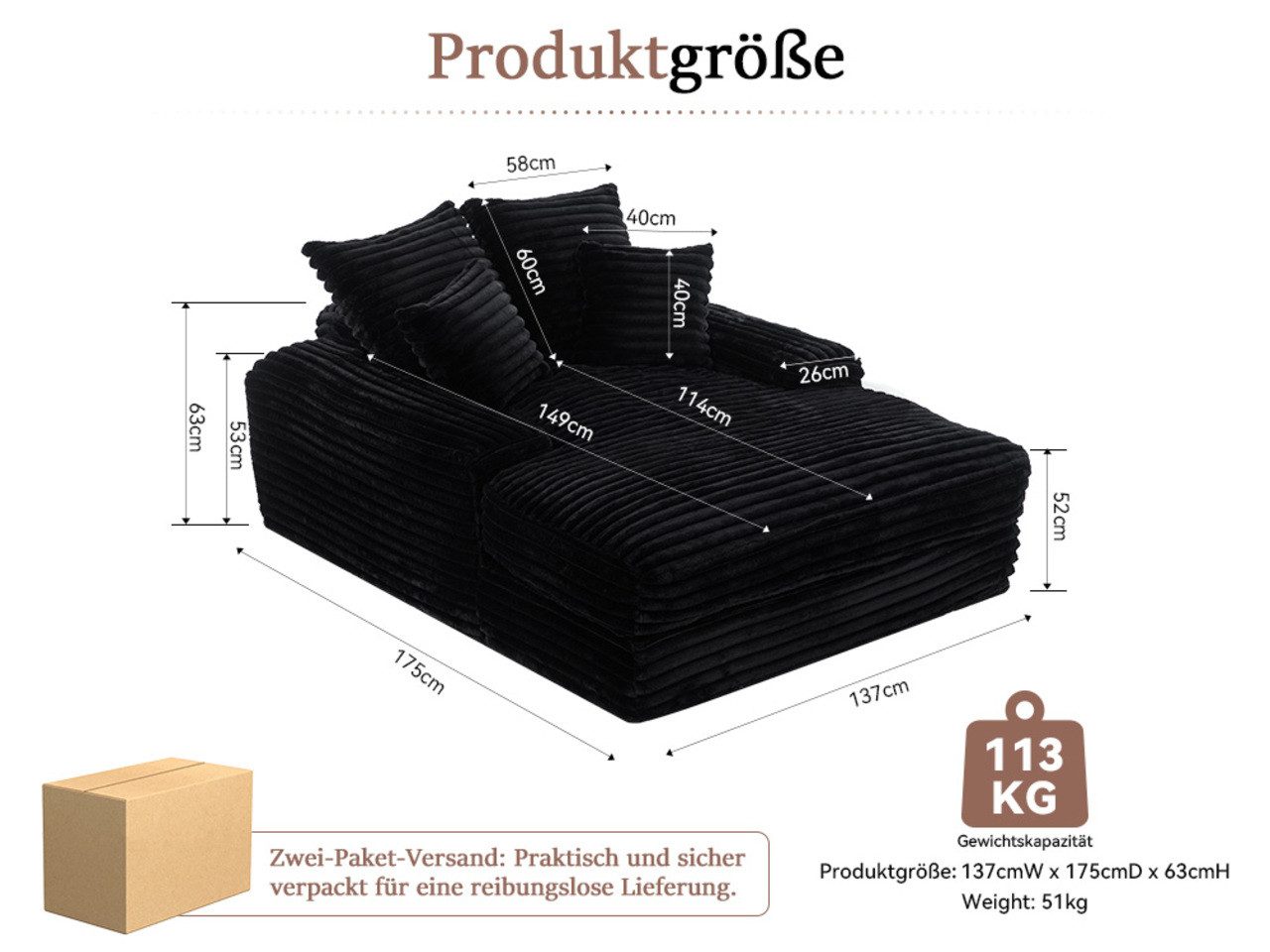 DEKKETO Schlafsofa Große Cord Cloud Couch 175x137cm – einteiliges Schaumstoff-Sofa, 1 Teile, mit breiten ArmlehnenKomplettes 4-Kissen-Set, ohne Montage – Bild 2 von 5