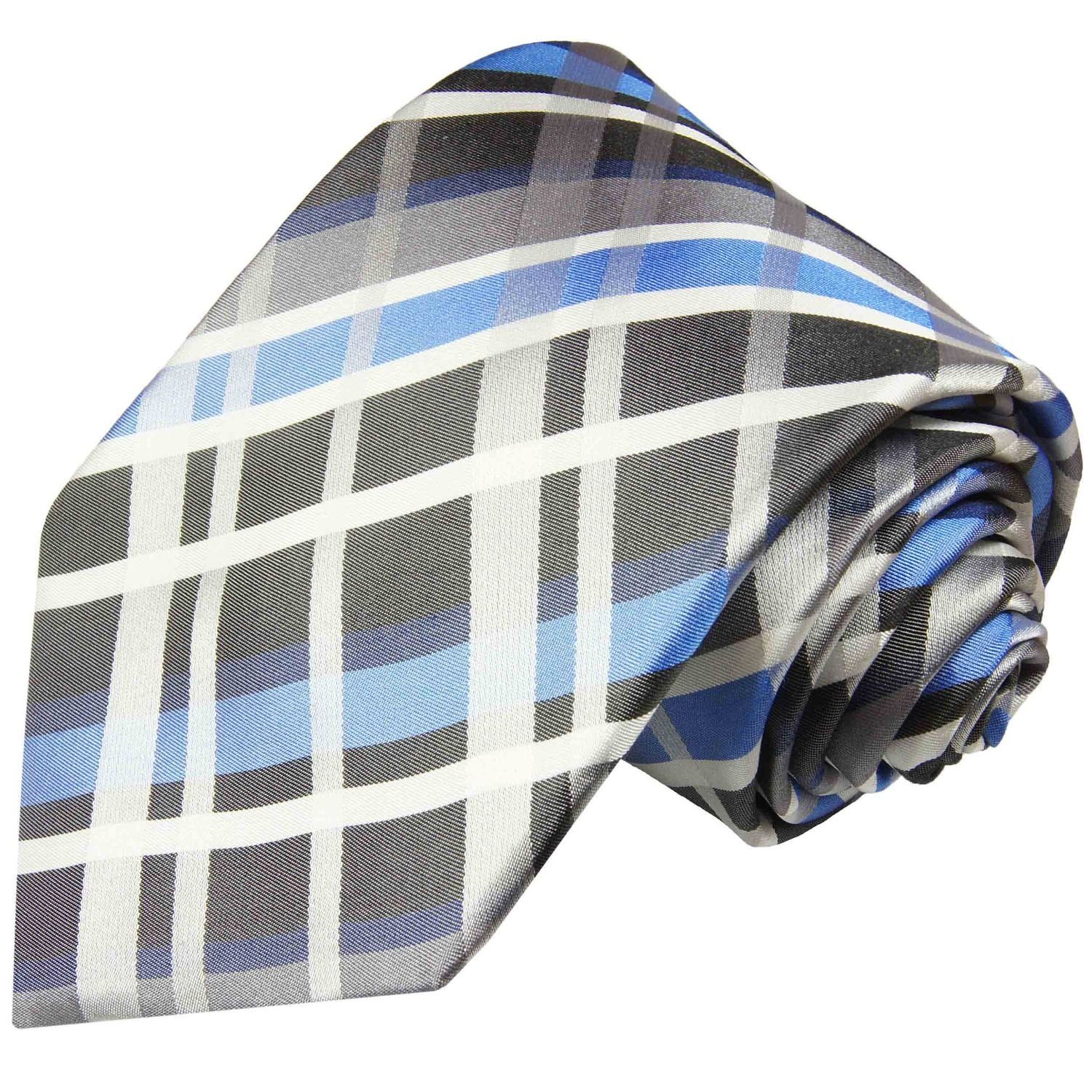 (8cm), blau Krawatte Malone Seide grau gestreift silber 100% 991 Paul Herren Breit Schlips Seidenkrawatte Schottenmuster