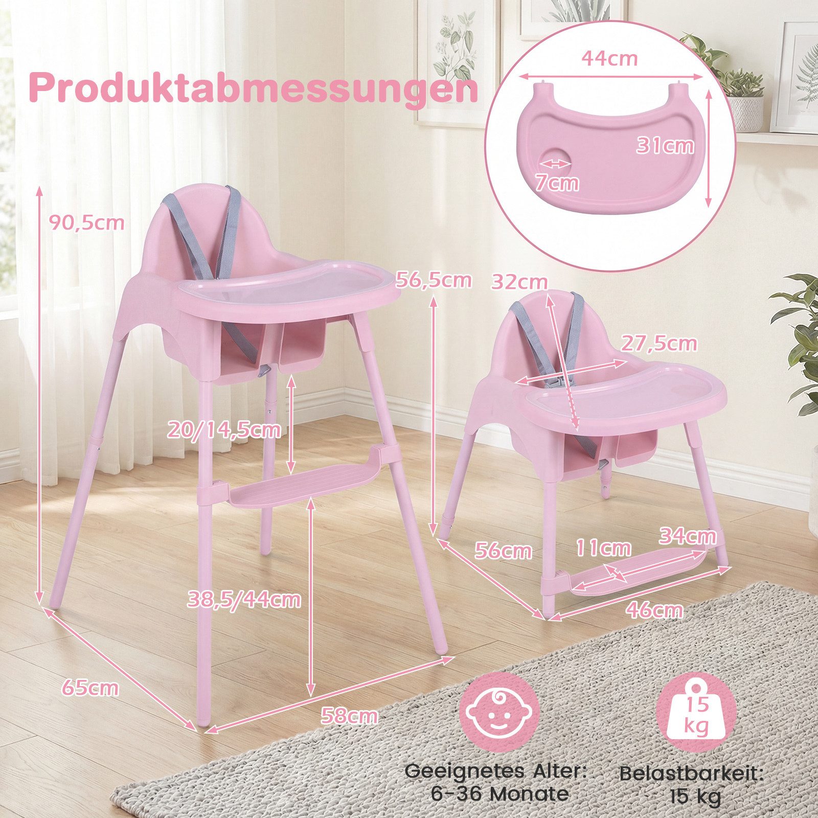 COSTWAY Hochstuhl (1 St), Kinderhochstuhl, 4 in 1 Babystuhl, mit 2 Höhen