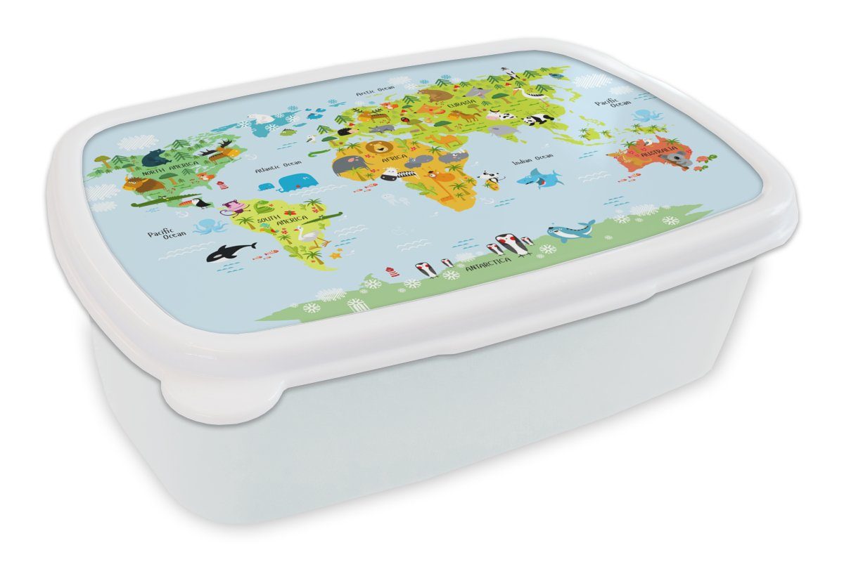 MuchoWow Lunchbox Weltkarte - Kinder - Tiere - Natur - Jungen - Mädchen, Kunststoff, (2-tlg), Brotbox für Kinder und Erwachsene, Brotdose, für Jungs und Mädchen weiß