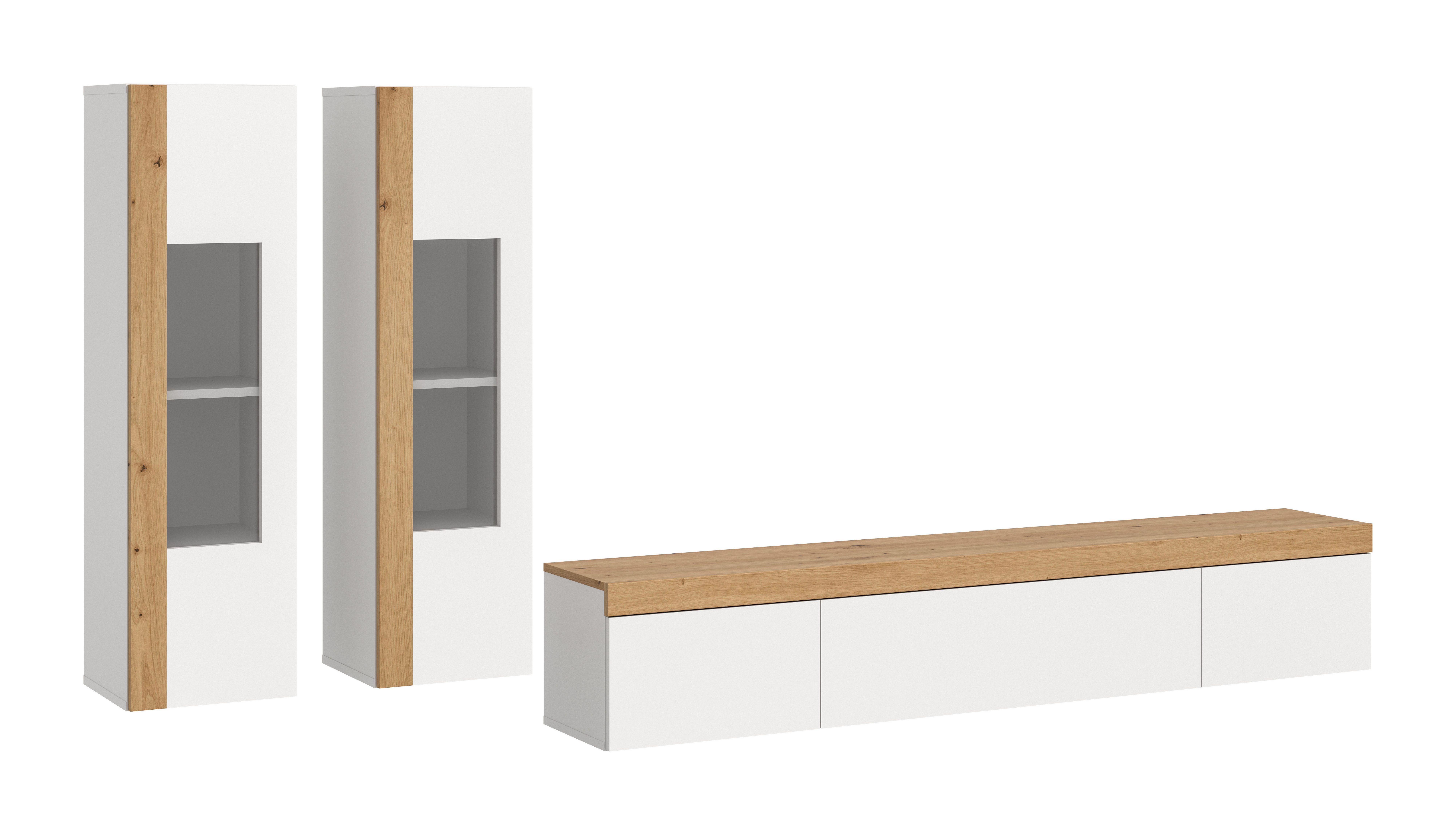 furnling Wohnzimmer-Set Rudas, (3-St., bestehend aus Lowboard, 2 Vitrinen), Wohnzimmermöbel, Absetzung in Artisan Eiche, Breite 270 cm