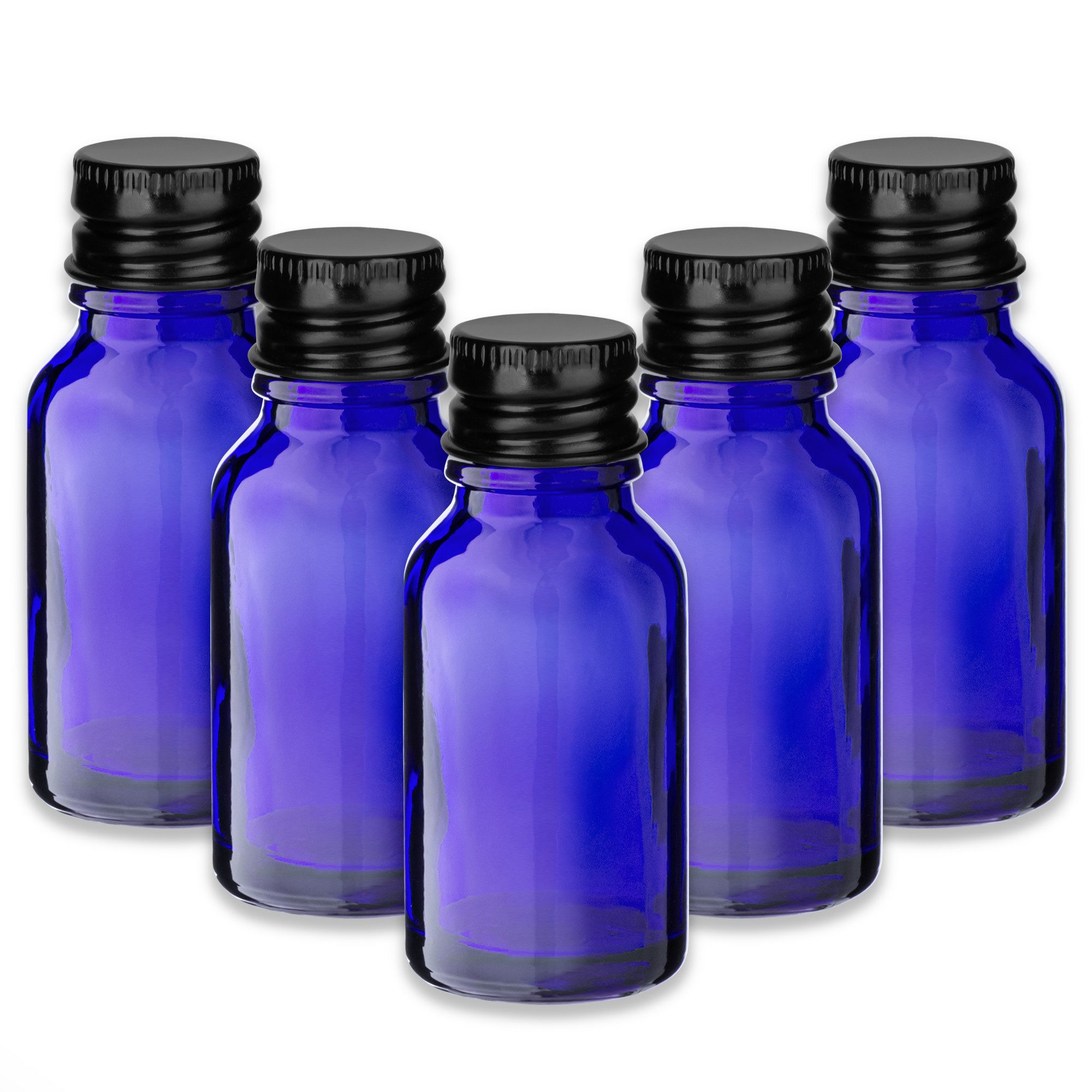 CK Verpackung GmbH Leerglas 5x Blaue Glasflasche 15 ml mit schwarzem Aluminiumverschluss Kappe Set
