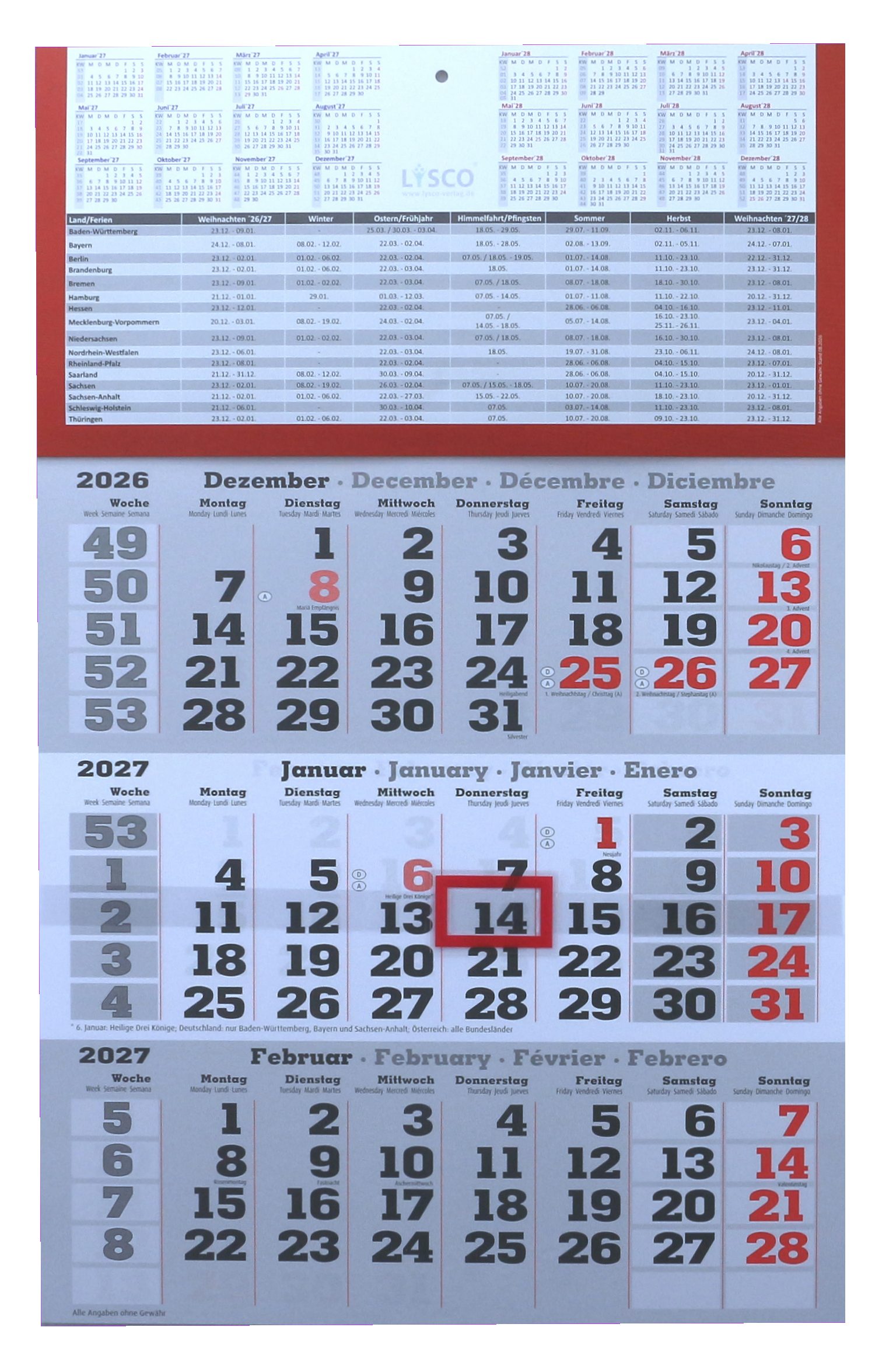 LYSCO Wandkalender Dreimonatskalender 2027 - 3 Monatskalender Wandkalender, werbefrei, 3 Monats Wandkalender inkl. Feiertage und Ferien Lieferung plano