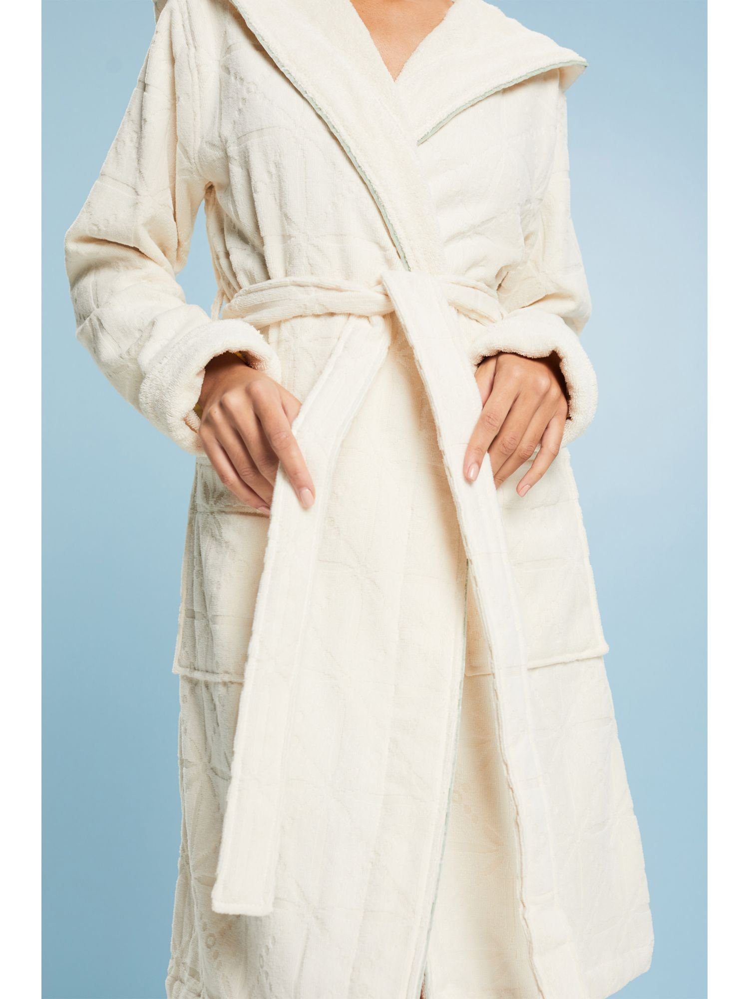 Damenbademantel Velours aus mit Esprit Baumwolle IVORY Kapuze, Bademantel
