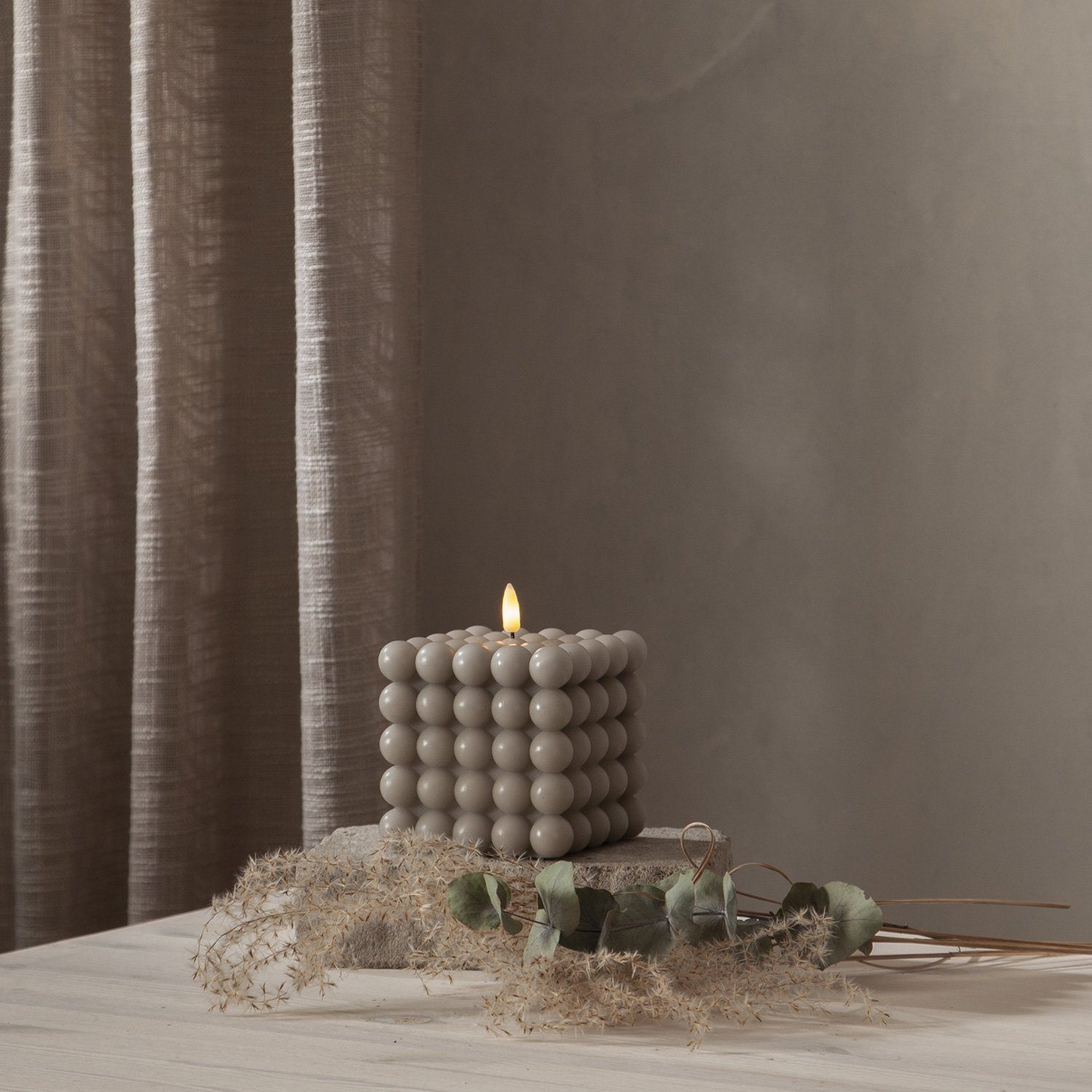 MARELIDA LED-Kerze Bubble Würfel Cube Kerze Echtwachs H: 12,5cm Timer grau günstig online kaufen