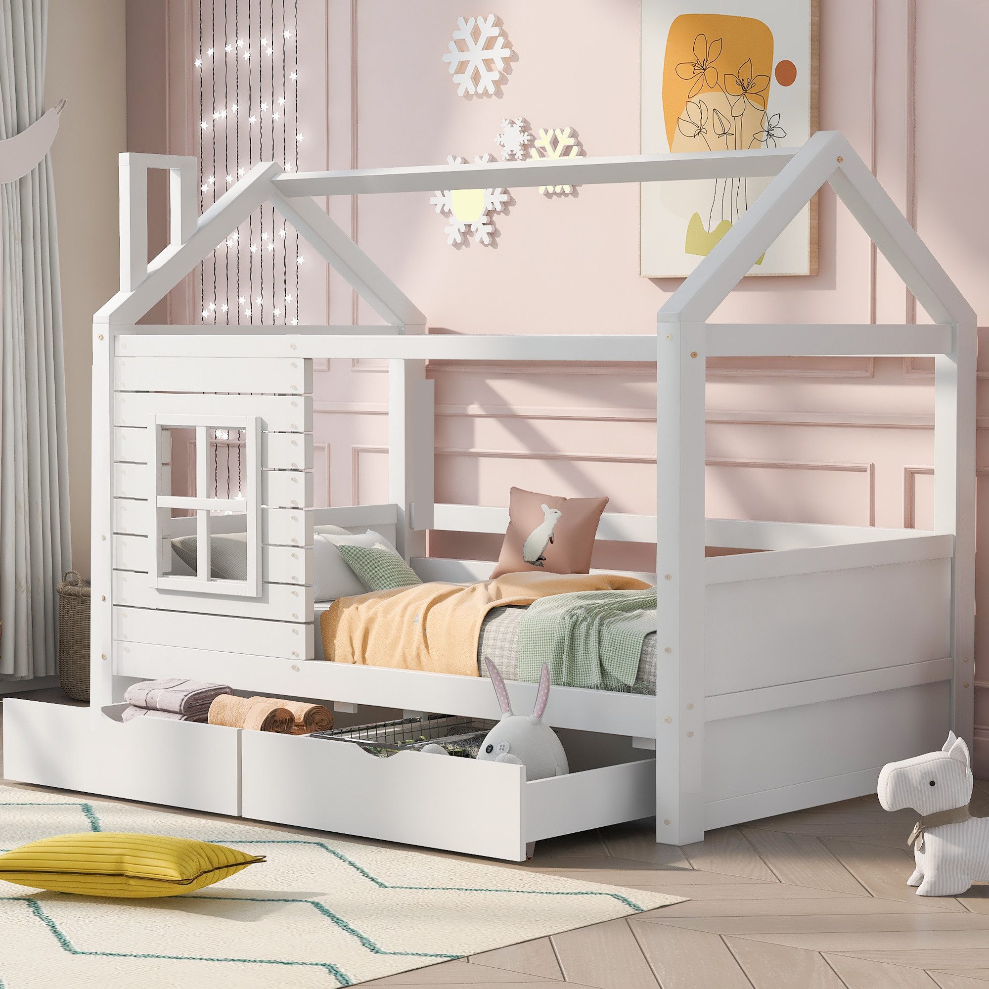 Odikalo Kinderbett Jugendbett Massivholzbett Rausfallschutz Fenster 80/90x160/200cm Weiß