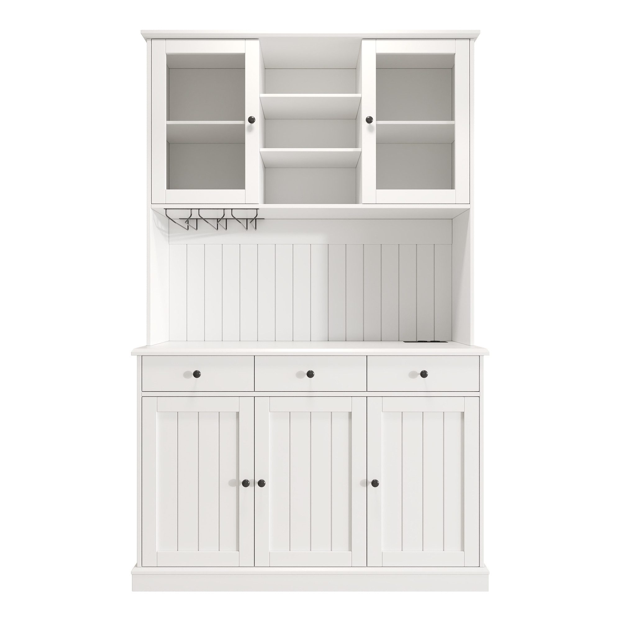 KLAM HOME Küchenbuffet Weißer Esszimmer-Hochschrank mit Glastüren und Ladeanschlüssen (Buffetschrank 120×40×191cm mit Steckdosen, USB-A & USB-C) Stauraumreicher Küchenschrank mit verstellbaren Glasböden
