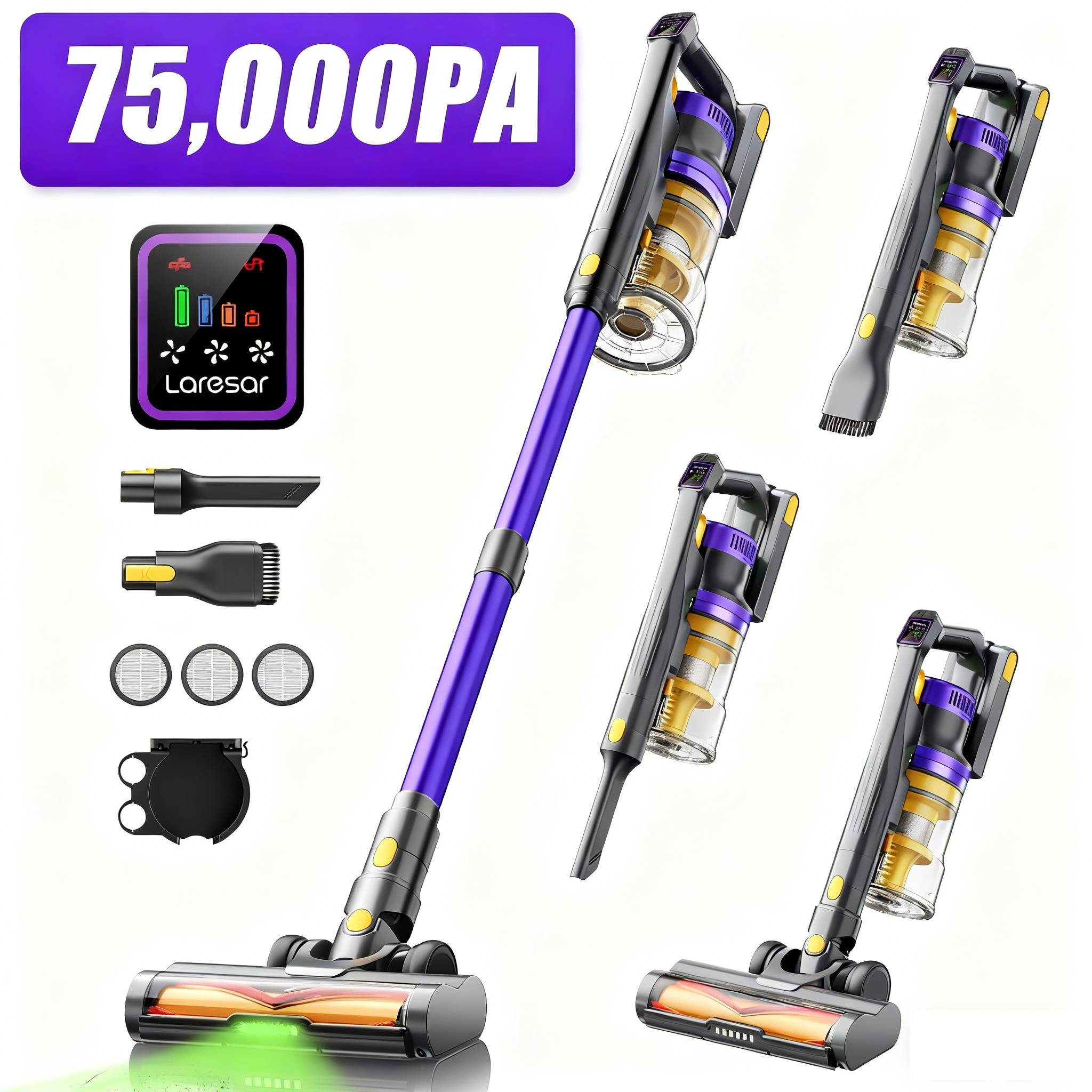 Laresar Akku-Hand-und Stielstaubsauger X11 Akku Staubsauger,AkkuStaubsauger, 75KPA, 60Min Laufzeit,550W, beutellos, Intelligenter Touchscreen, Abnehmbarer Akku, 1,5 L Staubbehälter