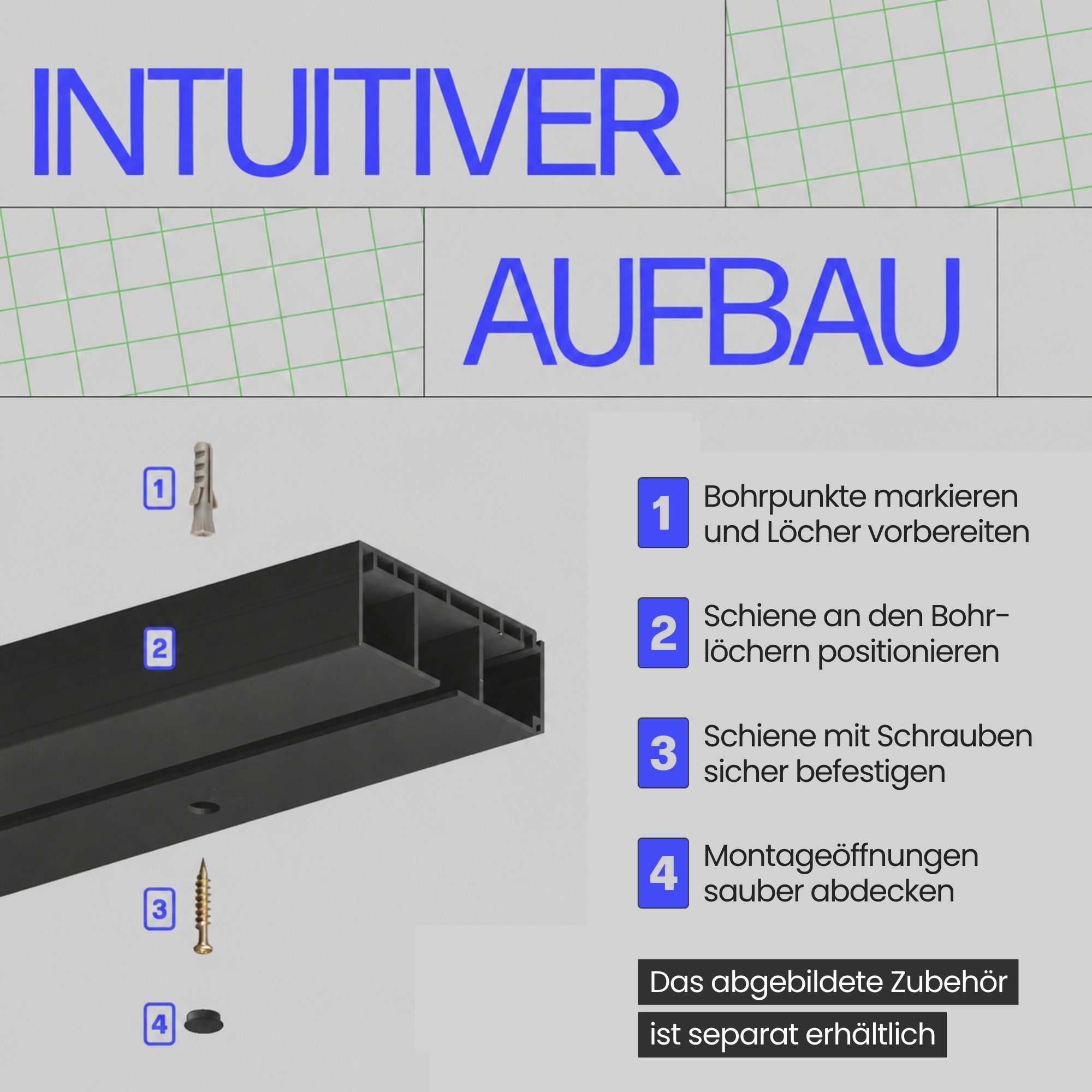 Bestlivings Gardinenschiene Innenlauf, 1-läufig, Bohren, verschraubt, Kunststoff, robust, langlebig, modular erweiterbar, ruhiger Innenlauf, Made in EU – Bild 3 von 5