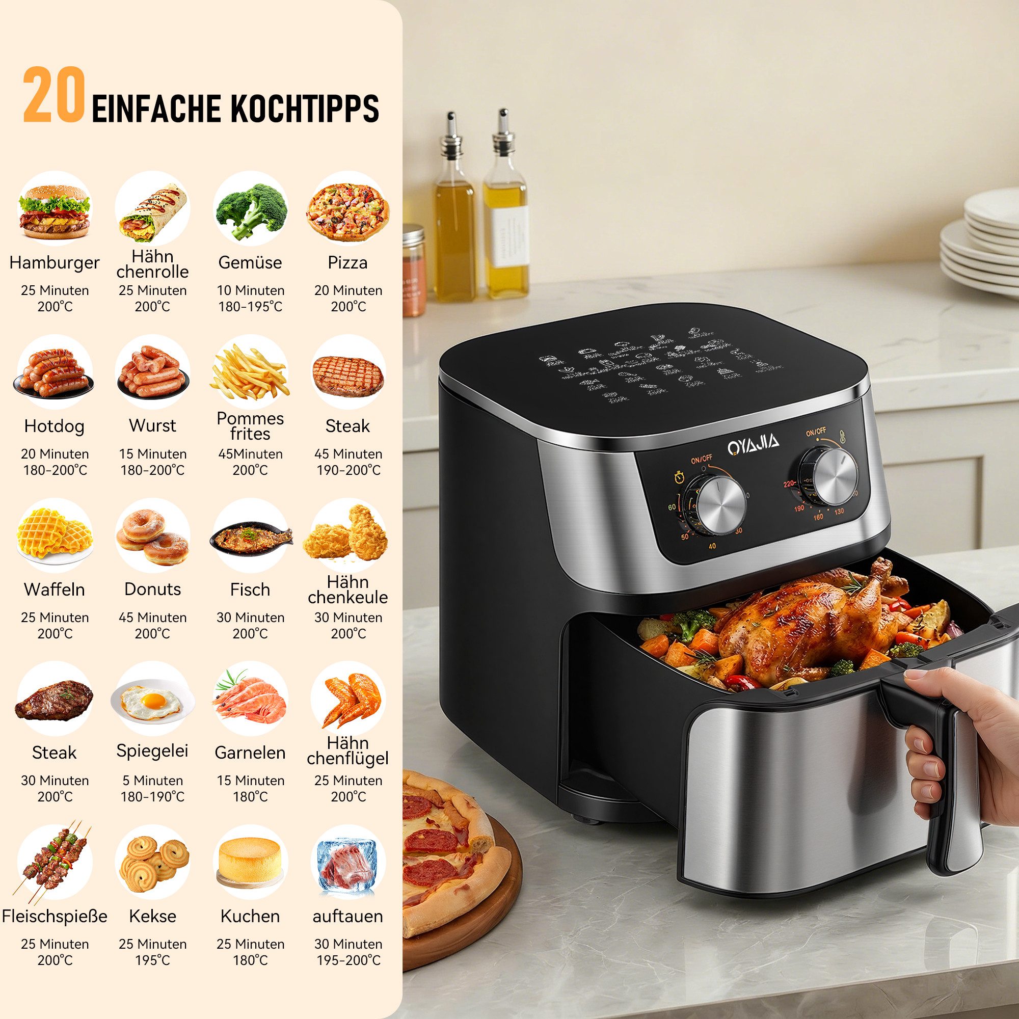 oyajia Heißluftfritteuse 10,5 L Airfryer, einfache Bedienung, ölfreies Frittieren, 60 Min Timer, bis zu 200° C, Antihaft-Beschichtung, 1800,00 W, fettarmes Kochen